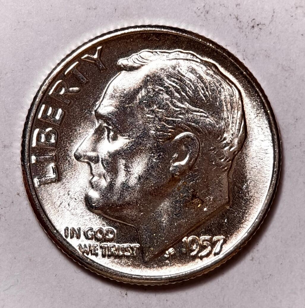 紫瑗钱币——第438期 美国 1957年  罗斯福 10美分 2.5克 0.9银 BU 可评级