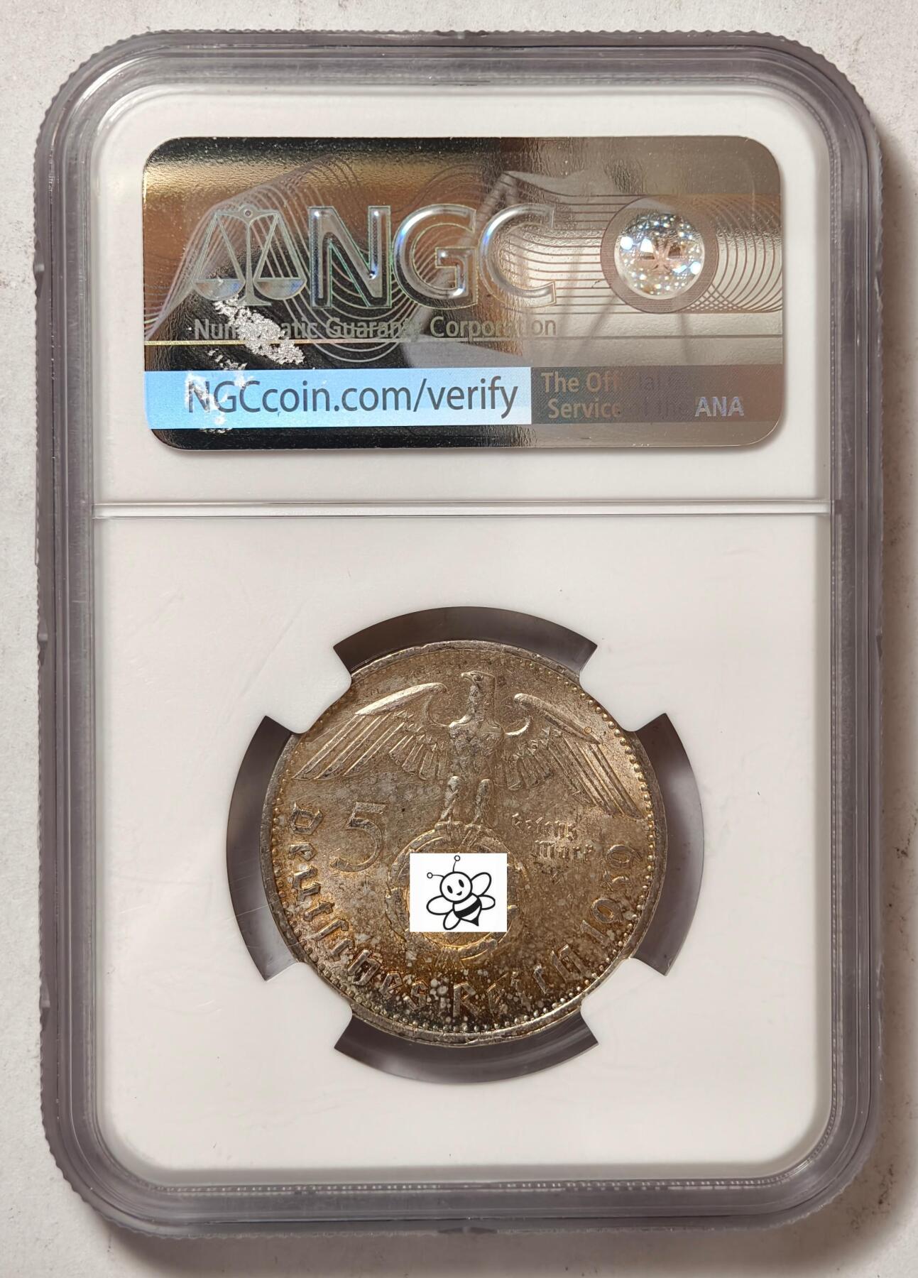 紫瑗钱币——第438期 德国 1939年 E版 兴登堡 字符 5马克 银币 NGC MS62