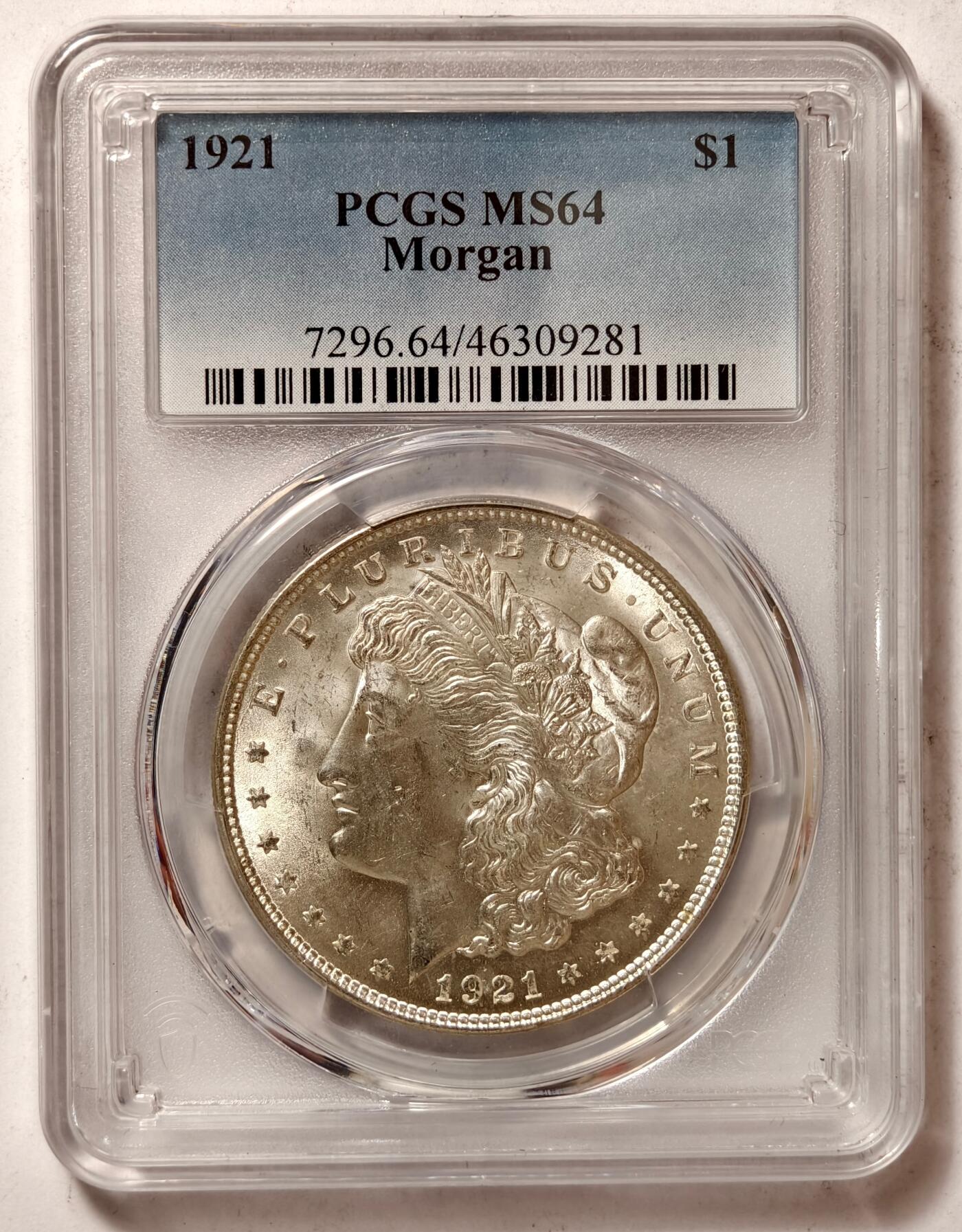 紫瑗钱币——第456期 美国 1921年 摩根 大头妹1美元 银币 PCGS MS64