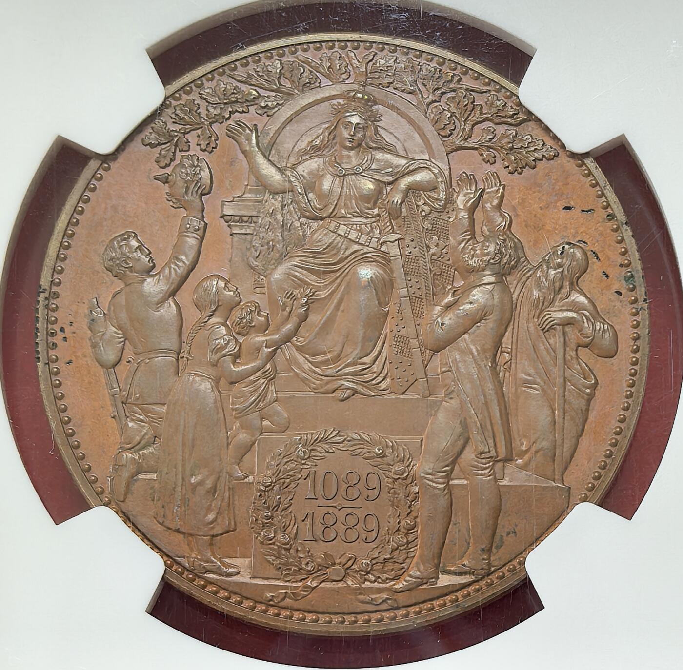 凡希社世界钱币微拍第二百八十六期 荐！1889E萨克森阿尔伯特加冕暨萨克森韦廷王朝建立800周年纪念5马克铜币NGC-PF63，精铸罕见！韦廷王朝起源于萨克森安哈尔特的韦廷镇，由当时的迈森蕃侯于1089年创立，它是后来著名的萨克森-科堡-哥达王朝的父系祖先。实物铜光温润，色泽优美，背图雕工精美，视觉效果一流，德系藏家不可错过的一枚！