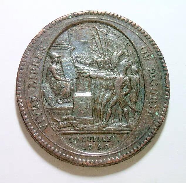 法国1792年 大革命莫奈龙5索尔高浮雕大铜币章 40MM