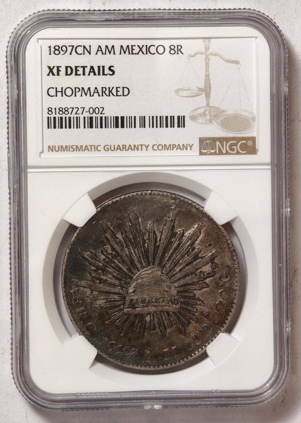 紫瑗钱币——第478期 墨西哥 1897年 CN AM 在华流通 花边鹰洋 8里亚尔 银币 NGC XF Detail