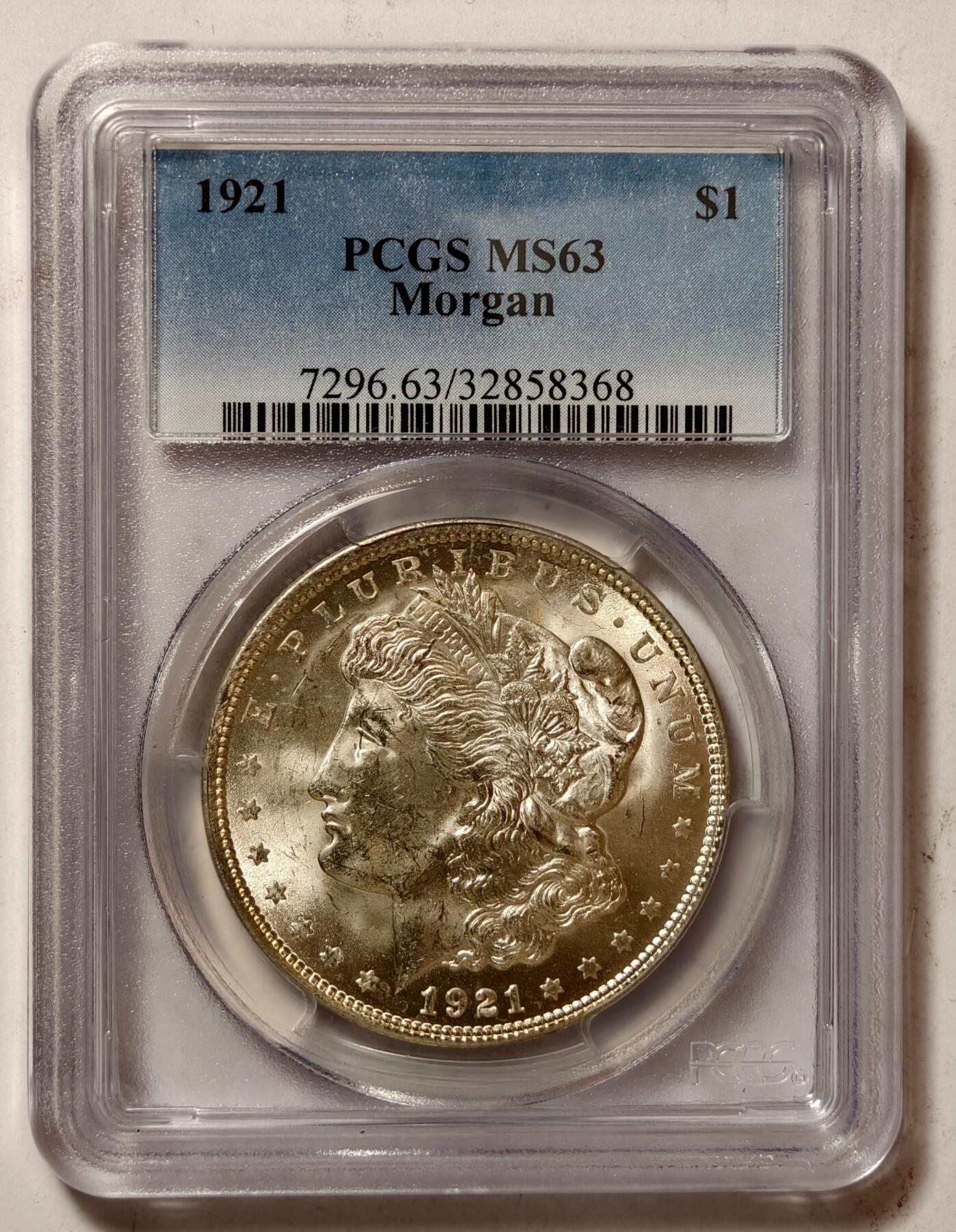 紫瑗钱币——第478期 美国 1921年 摩根 大头妹1美元 银币 PCGS MS63