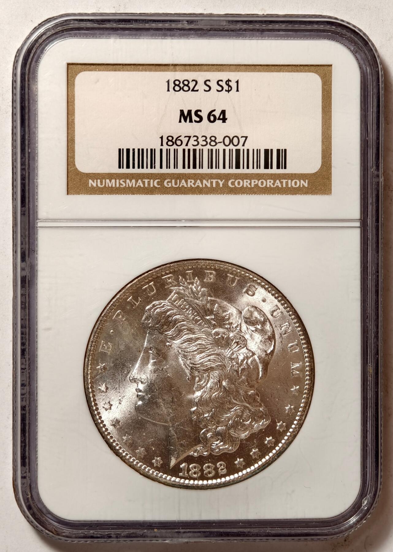 紫瑗钱币——第456期  美国 1882年 S版 摩根 大头妹1美元 银币 NGC  MS64