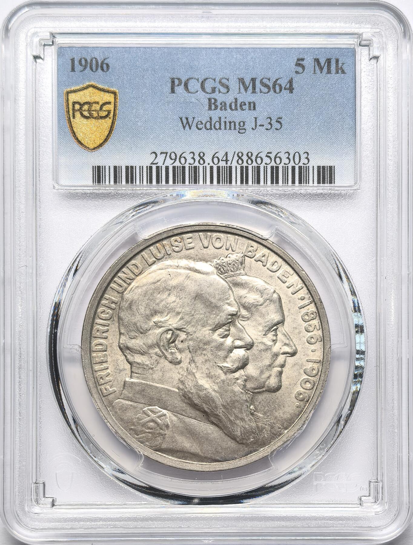 凡希社世界钱币微拍第二百八十六期 1906德国巴登金婚5马克大银PCGS-MS64