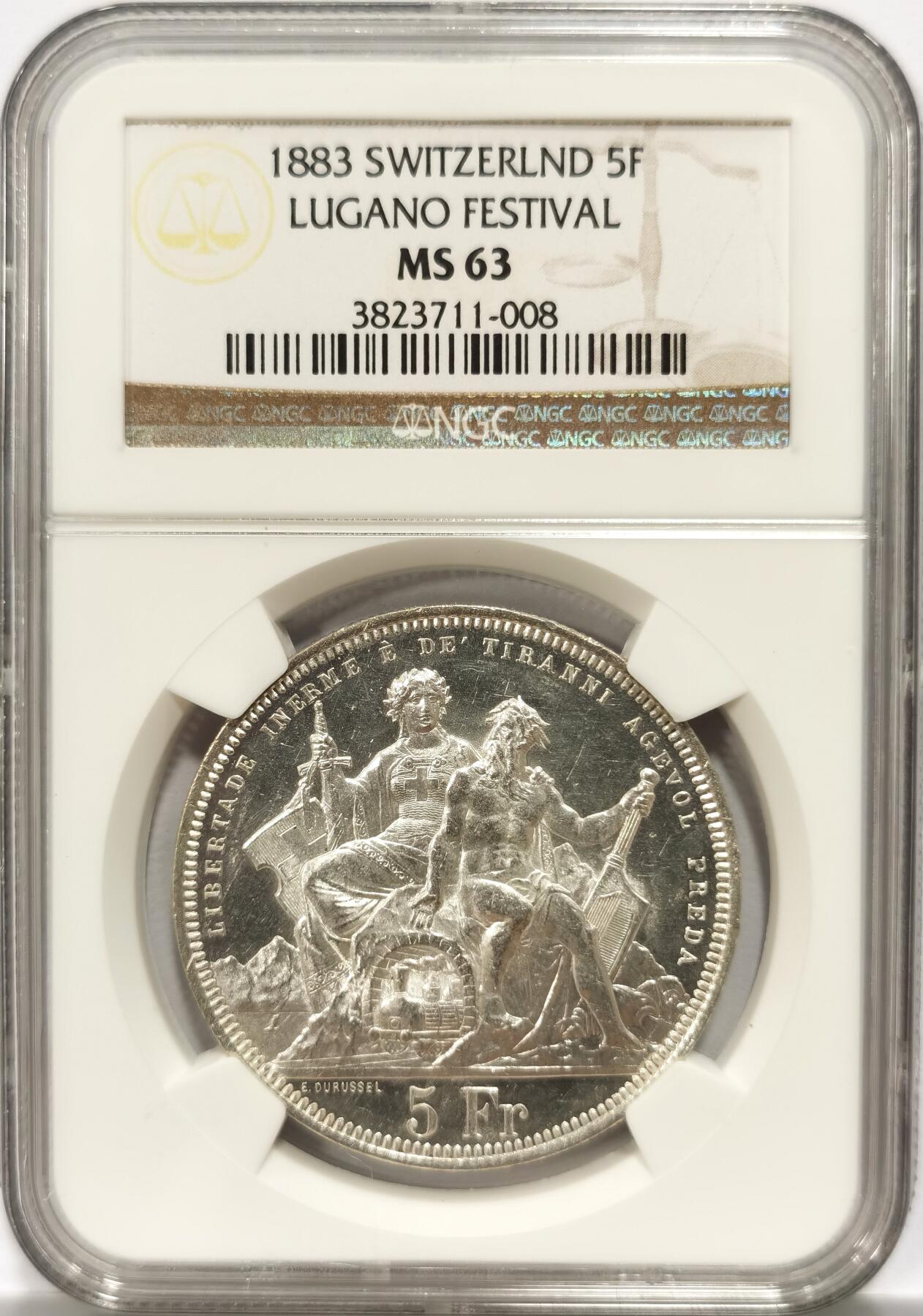 博洋堂世界钱币拍卖第096期（全场包邮） NGC MS63 1883年瑞士卢加诺射击节5法郎银币。极强光度，极强镜面感，老盒严评的一枚，状态比我过手的数枚射击节64分都要强，麦稀奇同分曾有3000元成交