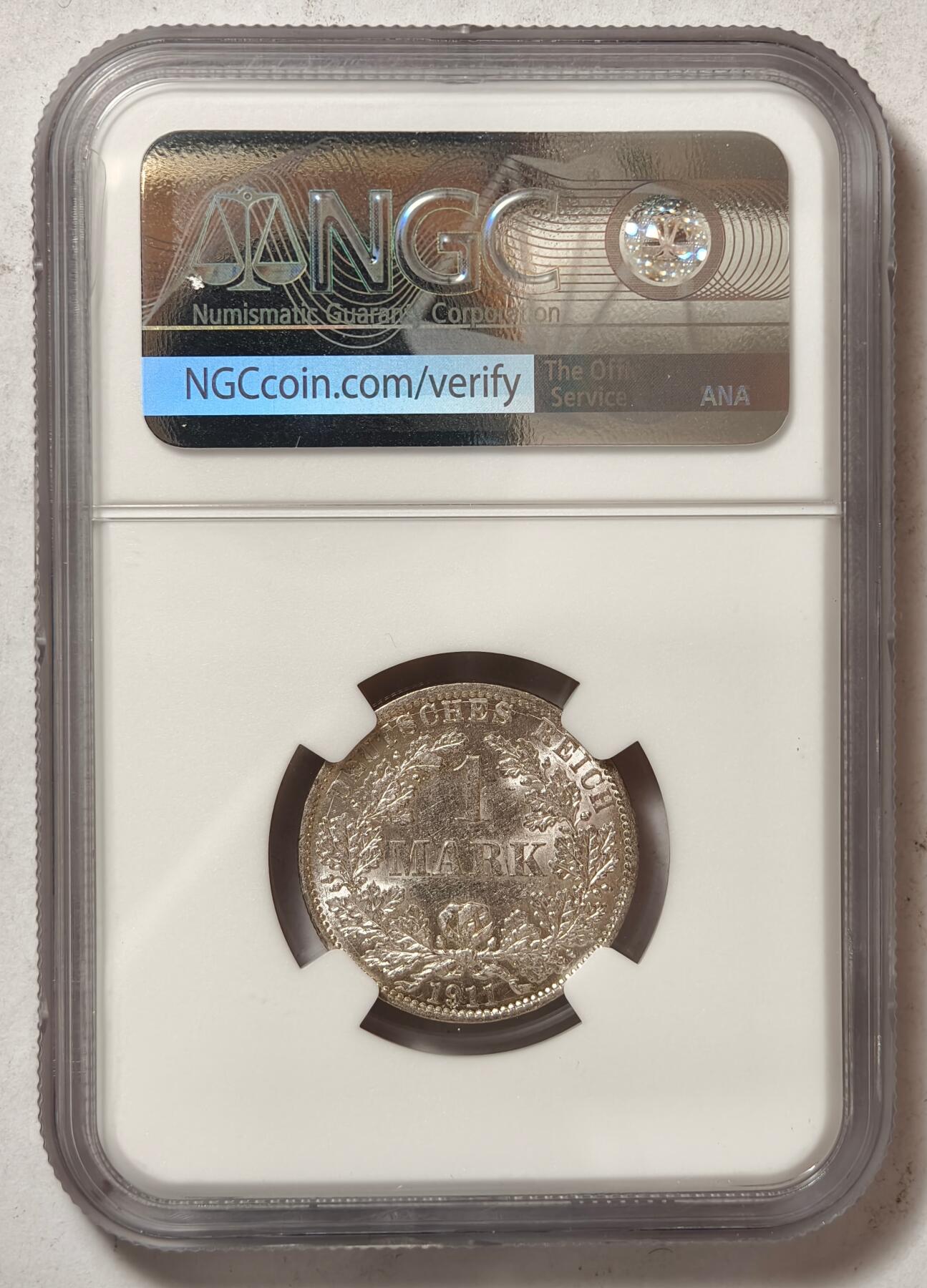 紫瑗钱币——第456期 德国 1911年 A版 第二帝国 长翅 1马克 银币 NGC MS61