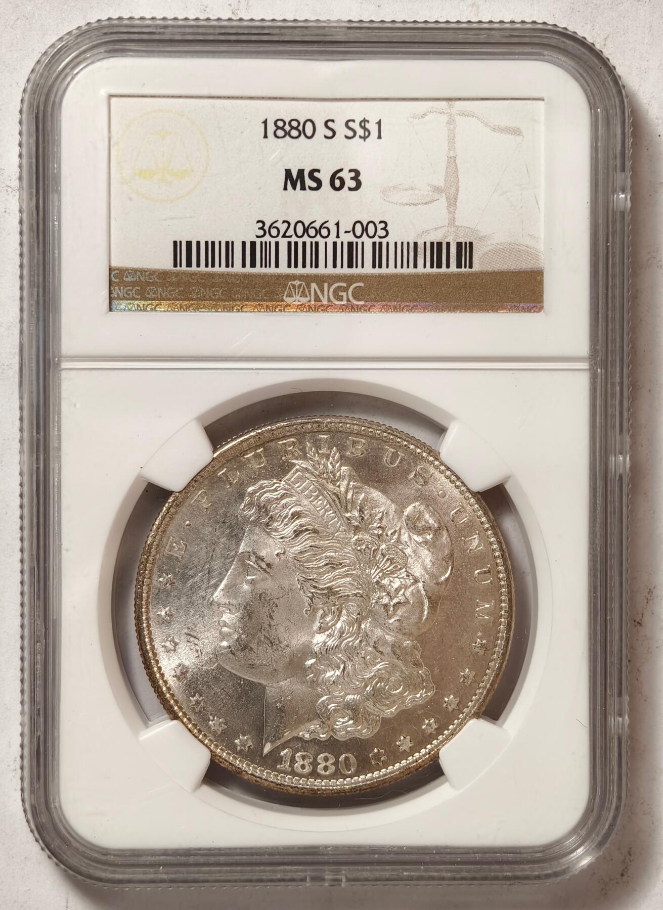 紫瑗钱币——第438期 美国 1880年 S版 摩根 大头妹1美元 银币 NGC MS63