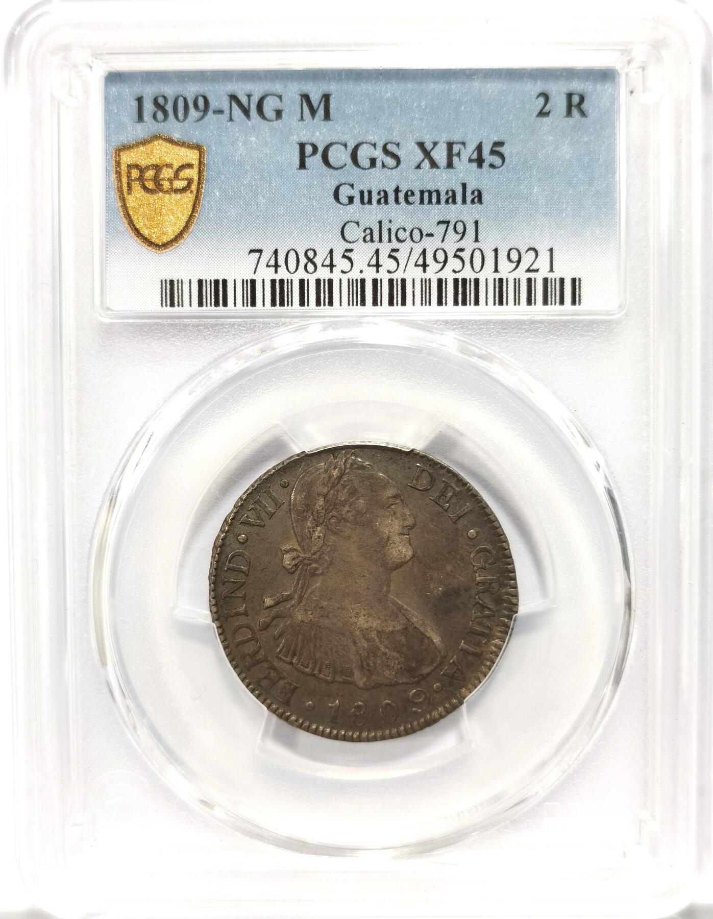 博洋堂世界钱币拍卖第096期（全场包邮） PCGS XF45 西属危地马拉1809年NG M卡洛斯四世双柱2R银币，危地马拉的小双柱非常罕见，这枚已经是唯一冠军分