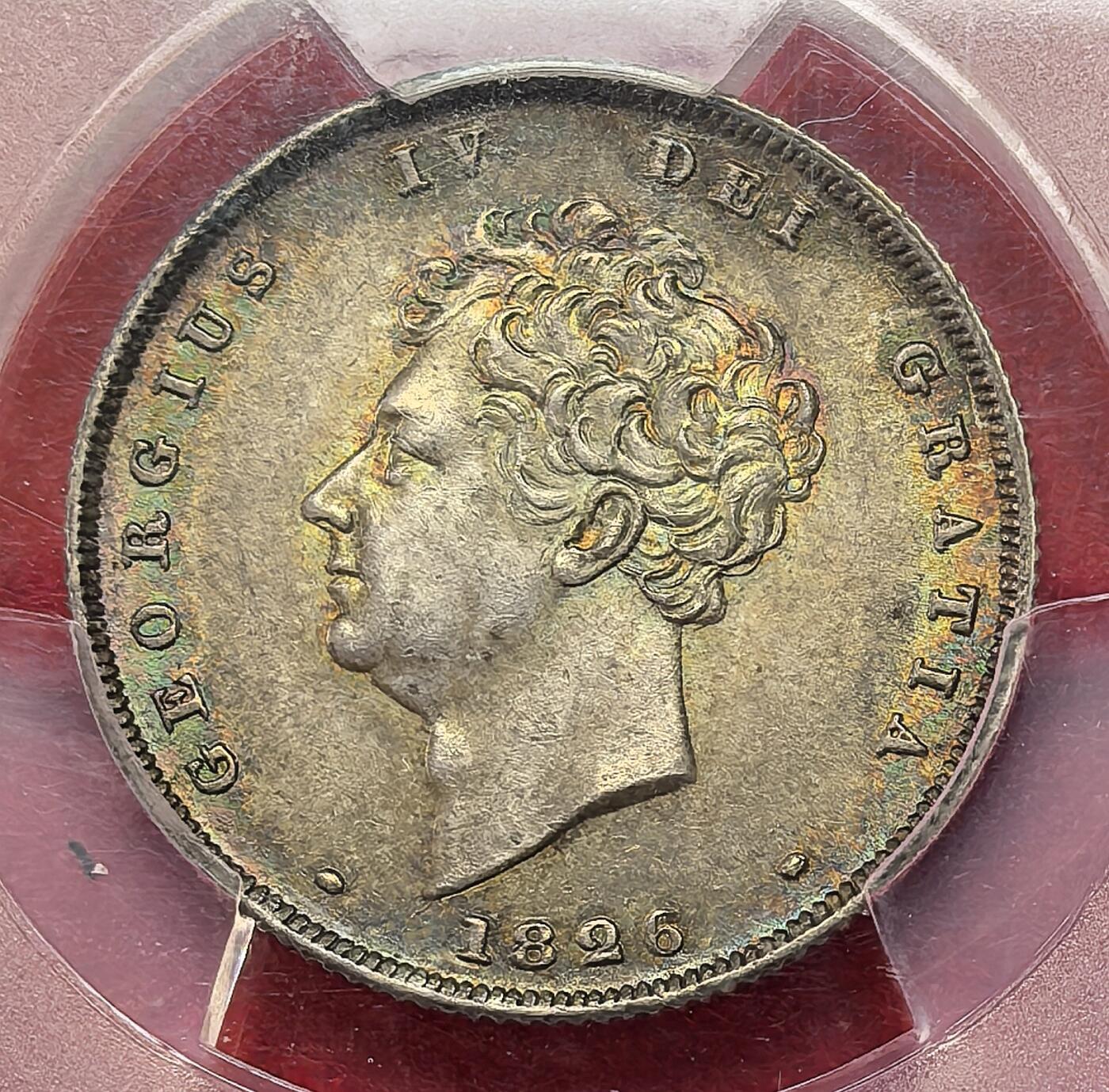 凡希社世界钱币微拍第二百八十六期 1826英国乔四先令PCGS-MS62+，纸袋形成的五彩，养眼美物！