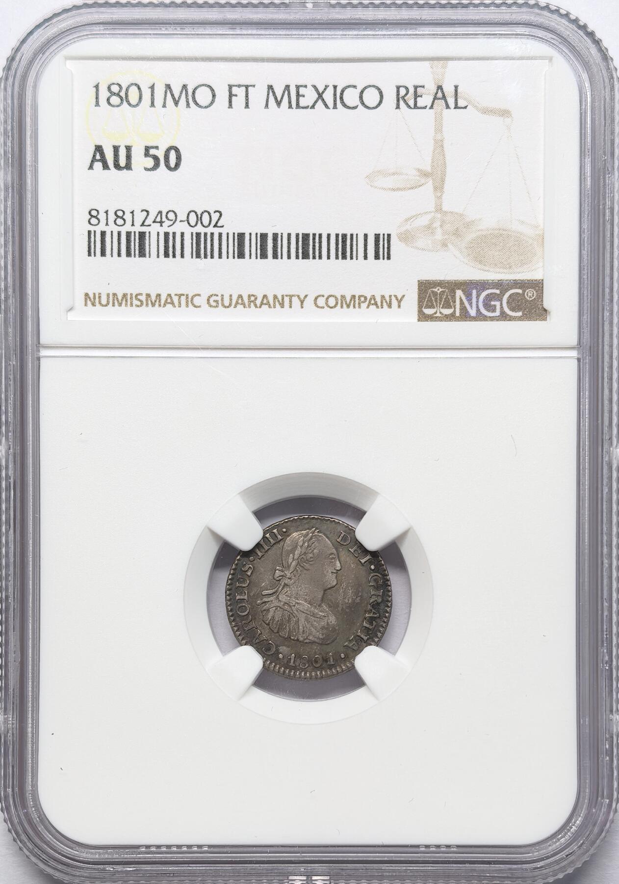 凡希社世界钱币微拍第二百八十六期 1801墨西哥卡四Real小双柱NGC-AU50