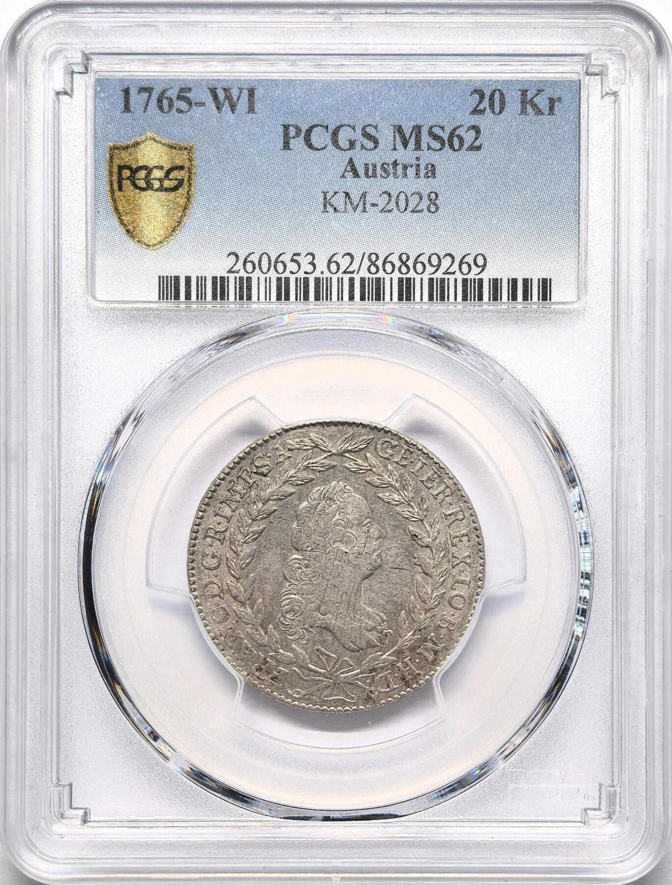 凡希社世界钱币微拍第二百八十六期 1765WI神罗弗朗兹一世20K银币PCGS-MS62，全银光，P亚军分。