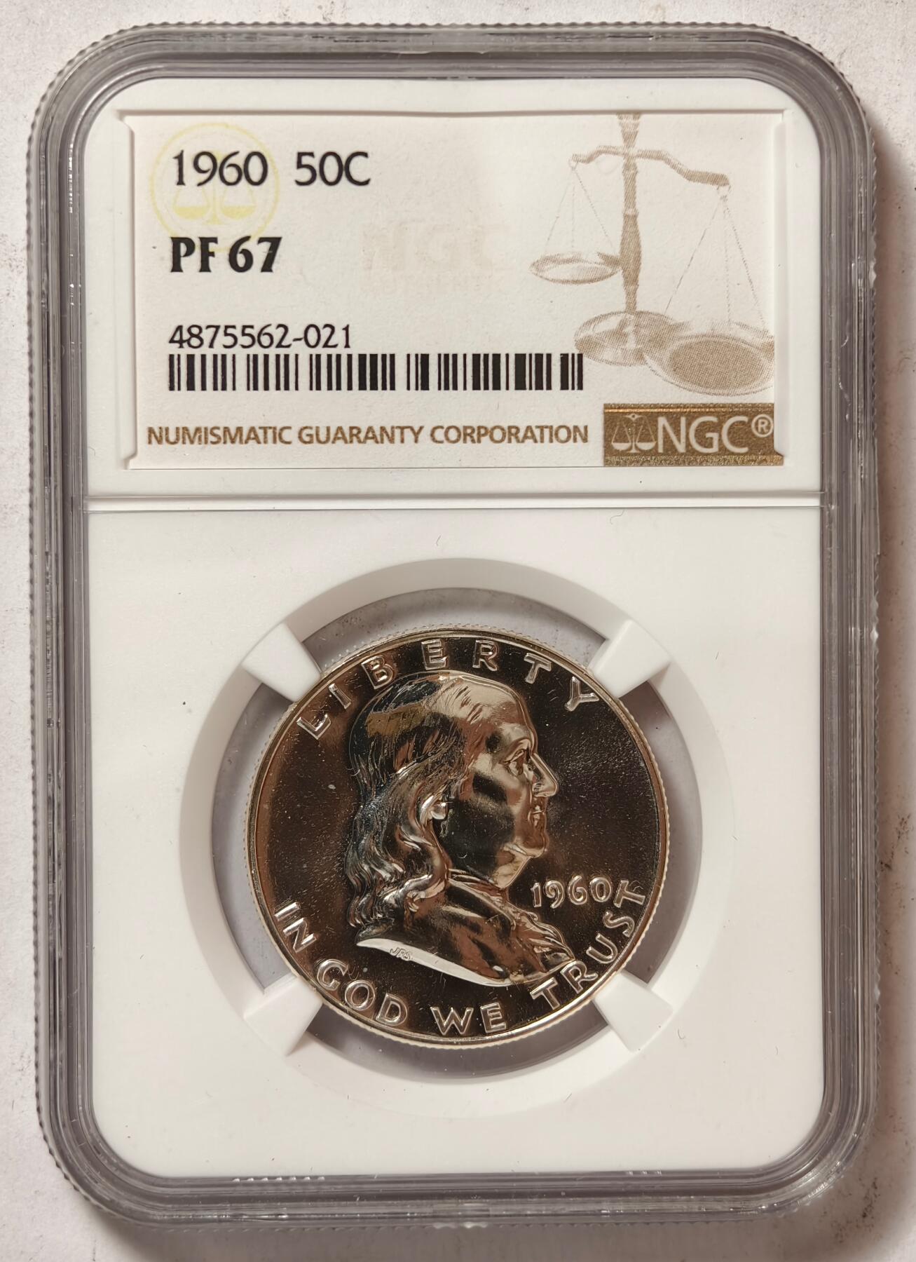紫瑗钱币——第438期 美国 1960年 富兰克林 50美分 半美元 12.5克 0.9银 NGC PF67