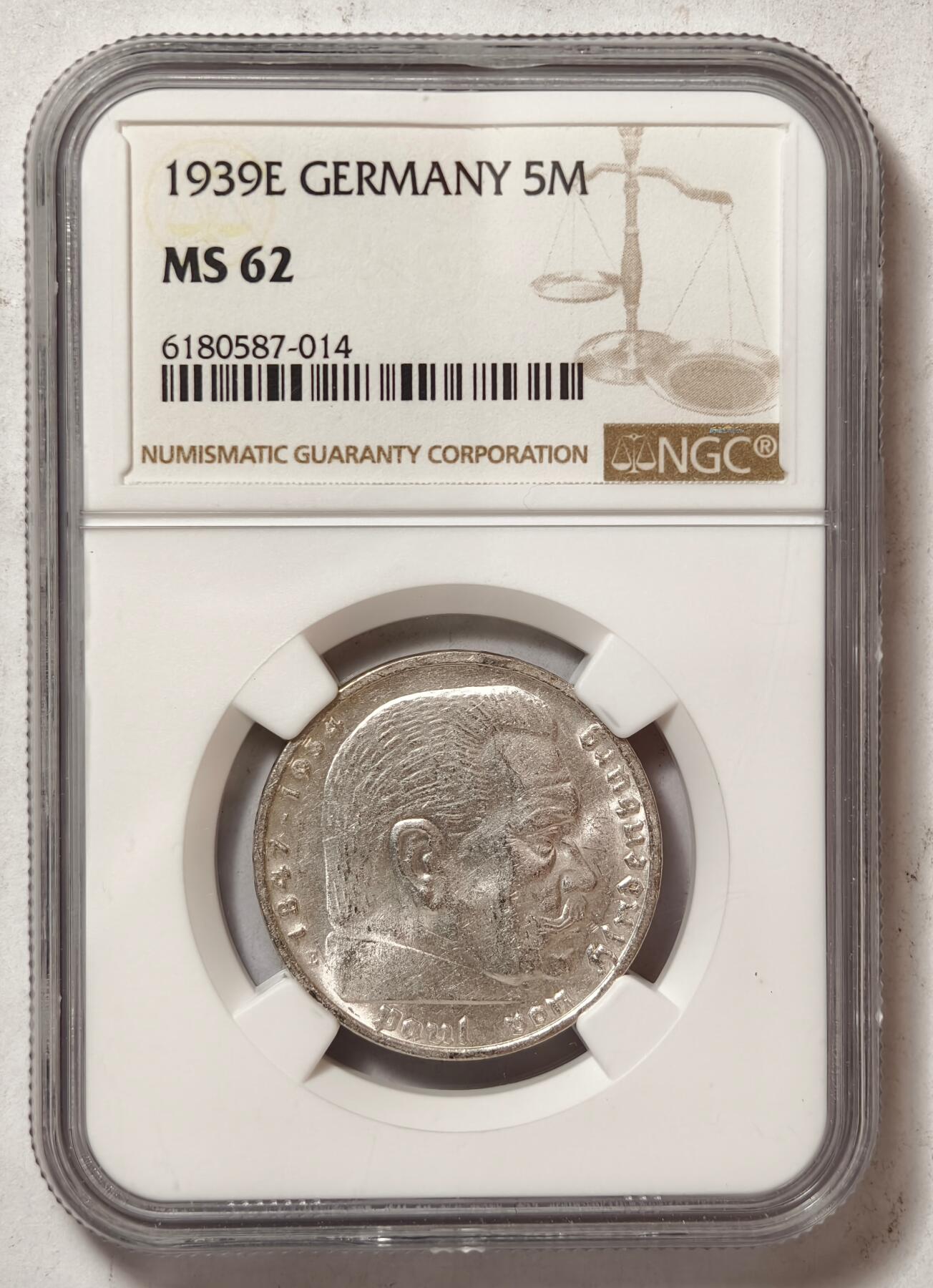 紫瑗钱币——第438期 德国 1939年 E版 兴登堡 字符 5马克 银币 NGC MS62