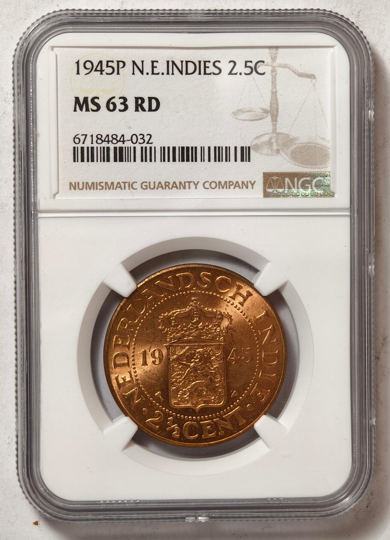 紫瑗钱币——第456期 荷属东印度 1945年 P版 2.5分 铜币 NGC MS63 RD