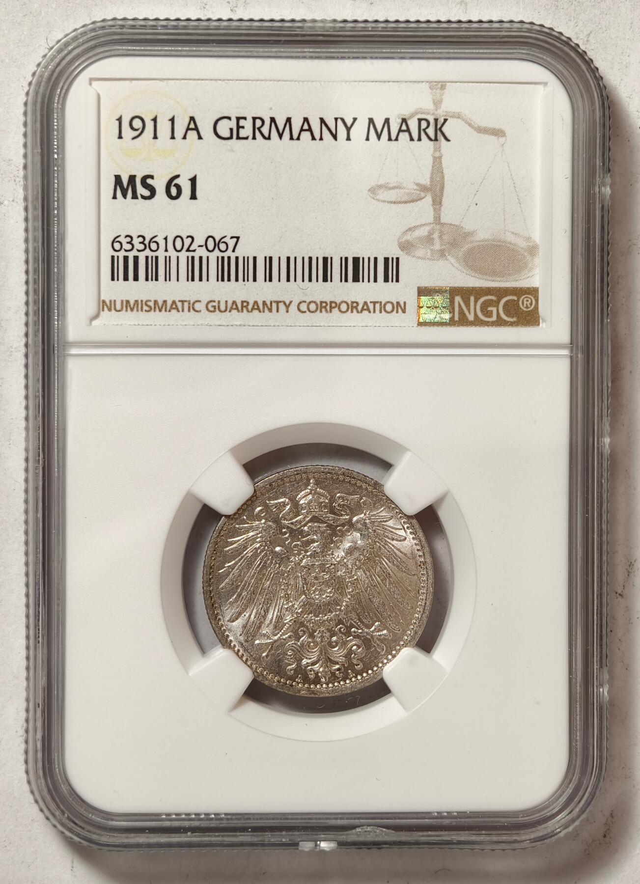 紫瑗钱币——第456期 德国 1911年 A版 第二帝国 长翅 1马克 银币 NGC MS61