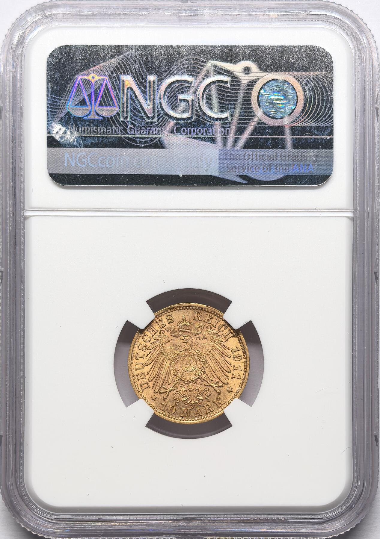 凡希社世界钱币微拍第二百八十六期 1911F德国符腾堡10马克金币NGC-MS63，3.982g，900金。
