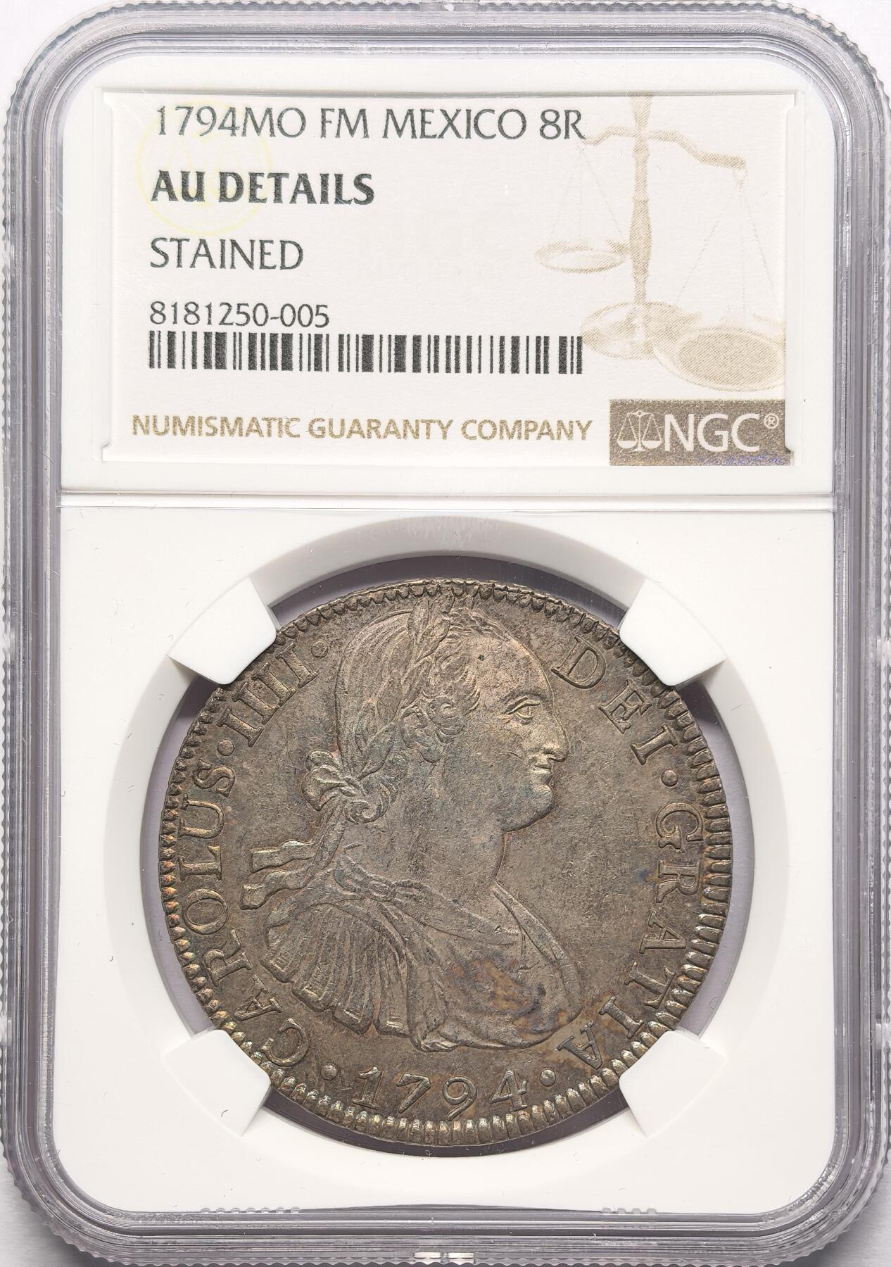 凡希社世界钱币微拍第二百八十六期 1794MO墨西哥卡四双柱NGC-AUD