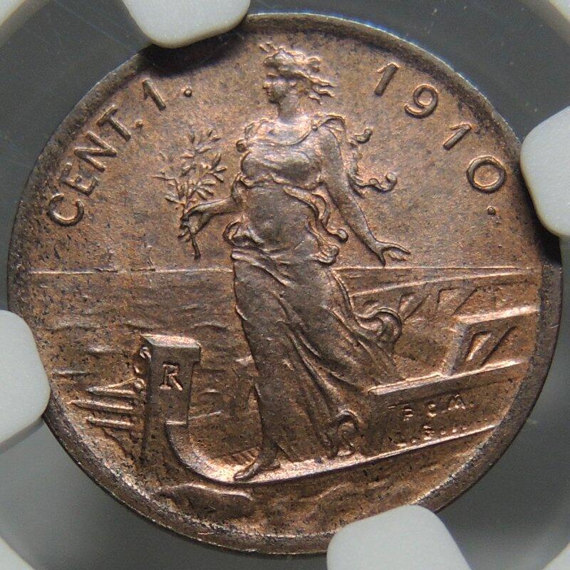 博洋堂世界钱币拍卖第096期（全场包邮） NGC MS63RB 意大利1910年1分铜币