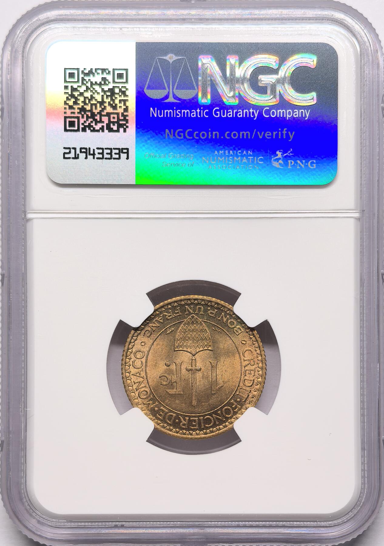 凡希社世界钱币微拍第二百八十六期 1926摩纳哥黄铜射箭1法郎NGC-MS64
