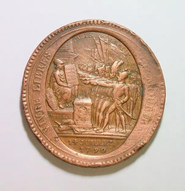 法国1792年 大革命莫奈龙5索尔高浮雕大铜币章 40MM