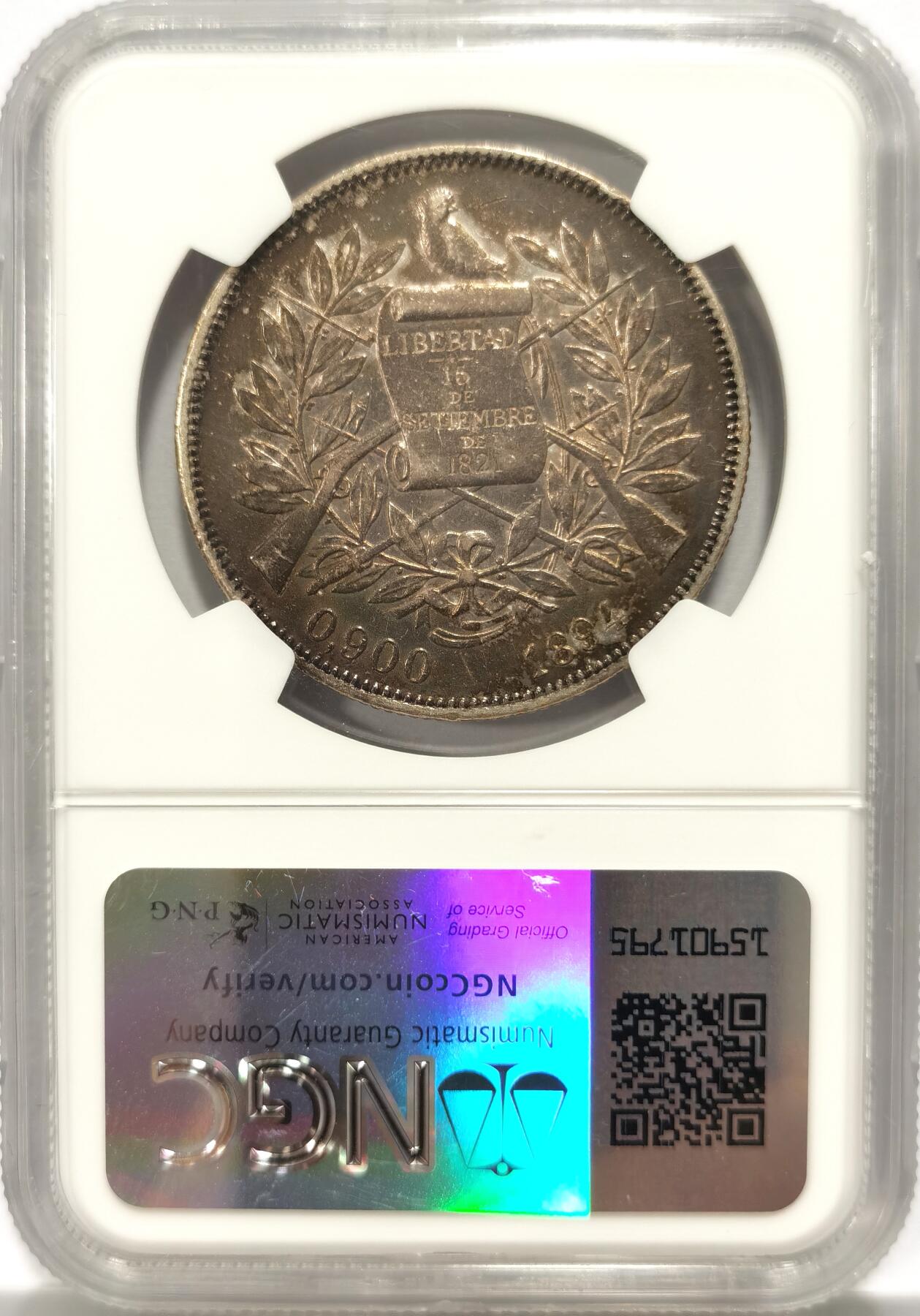 博洋堂世界钱币拍卖第096期（全场包邮） NGC AU55 危地马拉1894年坐人女神1比索银币，极美原味包浆，拉丁美洲热门品种