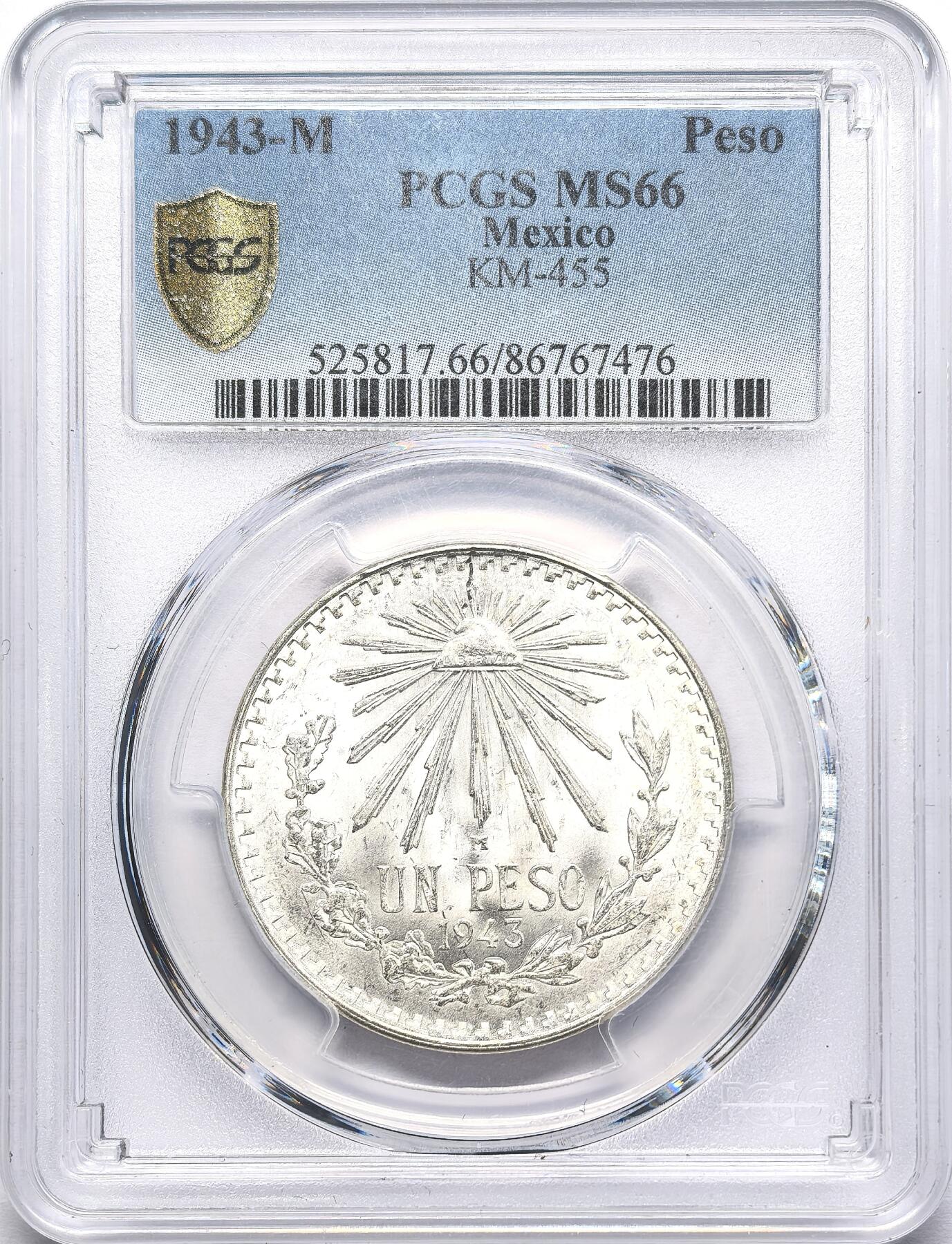 凡希社世界钱币微拍第二百八十六期 1943M墨西哥射线自由帽比索PCGS-MS66②