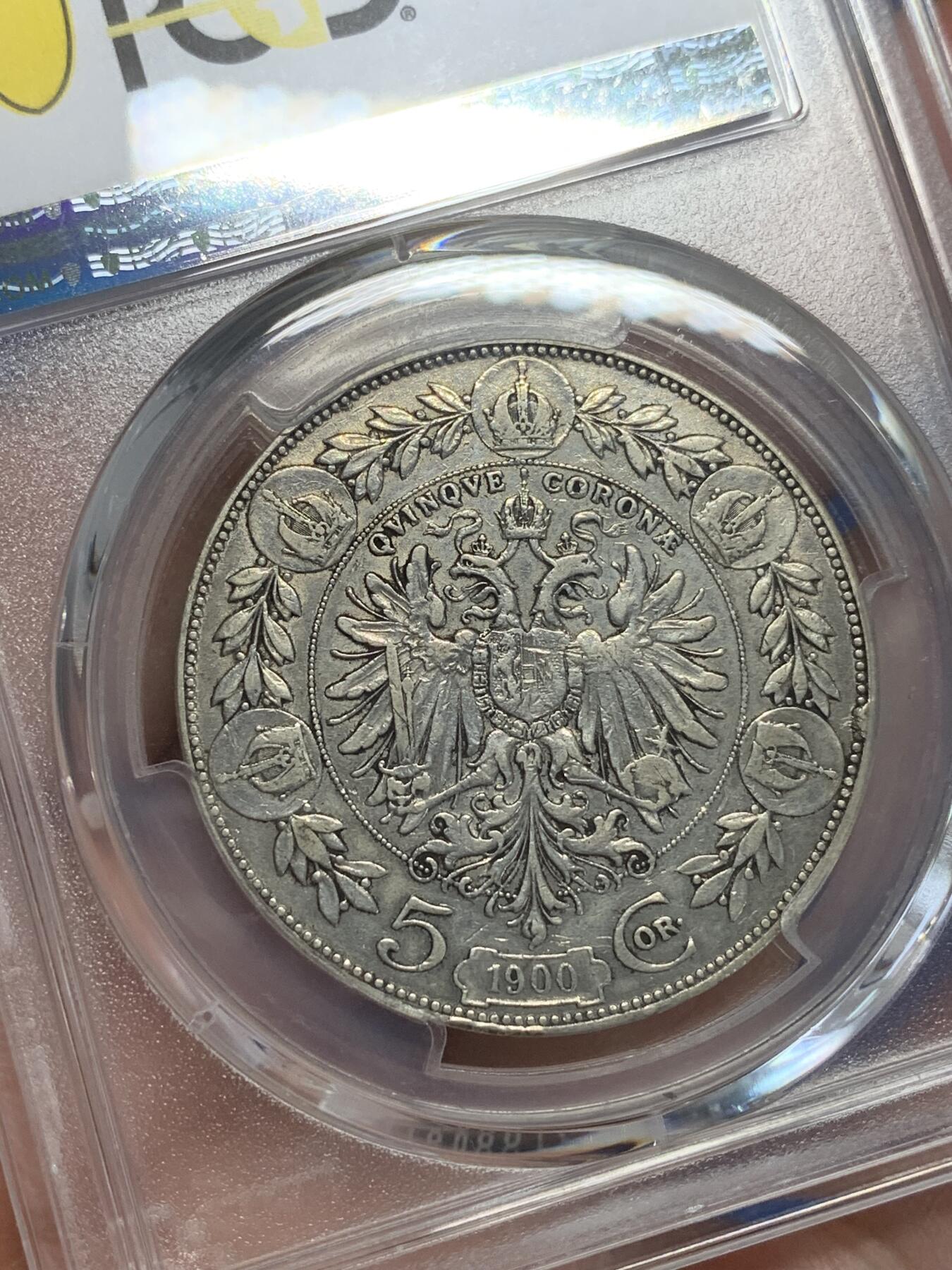 《竞宝斋》第319场 周日，周一，周二  3场连拍 （全场包邮） PCGS XF40 奥匈帝国奥地利1900年双头鹰5克朗银币 传世美品