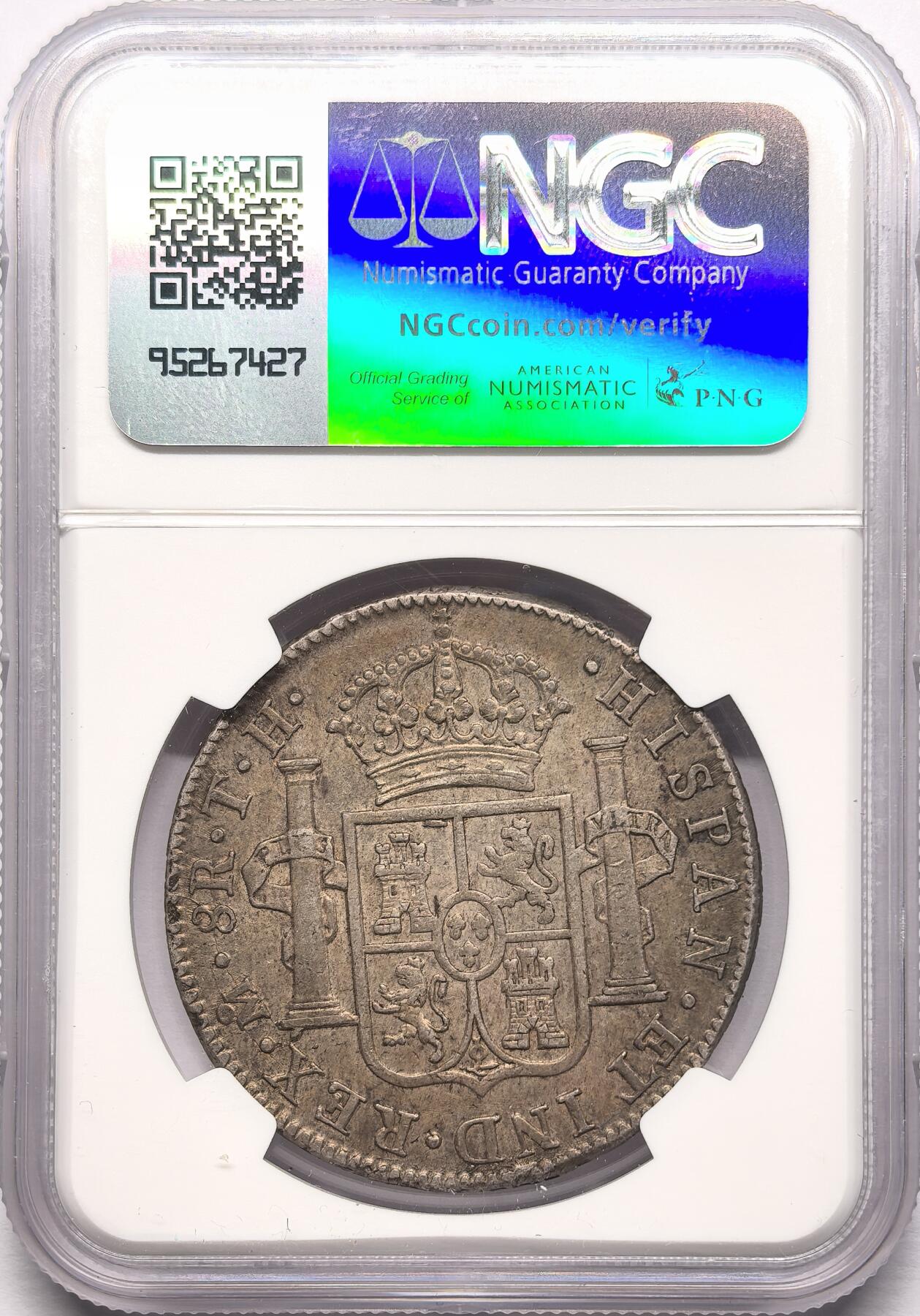 凡希社世界钱币微拍第二百八十六期 1805MO墨西哥卡四双柱NGC-AU50，细节很好的原味品。