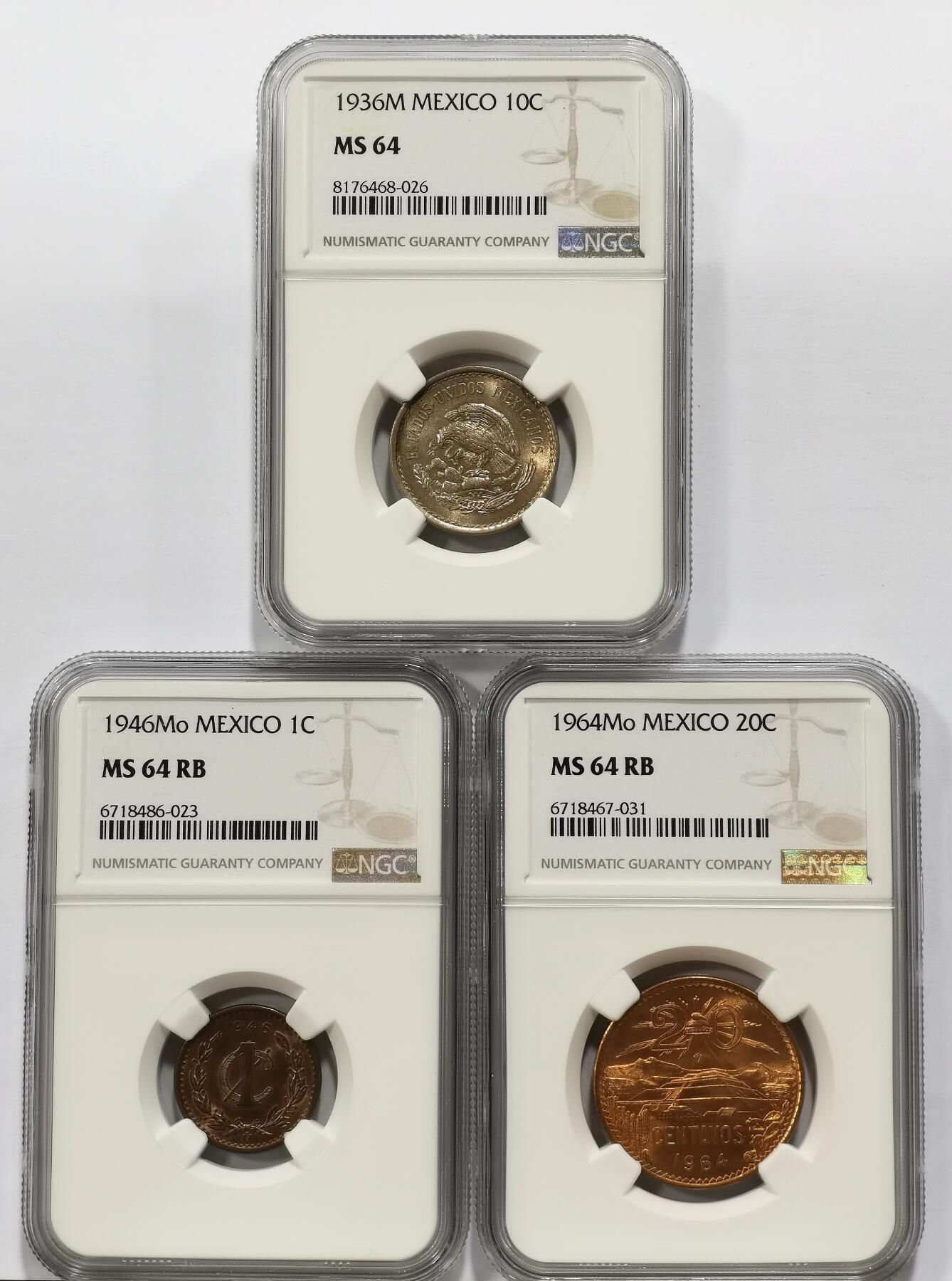 博洋堂世界钱币拍卖第096期（全场包邮） NGC MS64 墨西哥1936-1964年不同品种辅币3枚一组