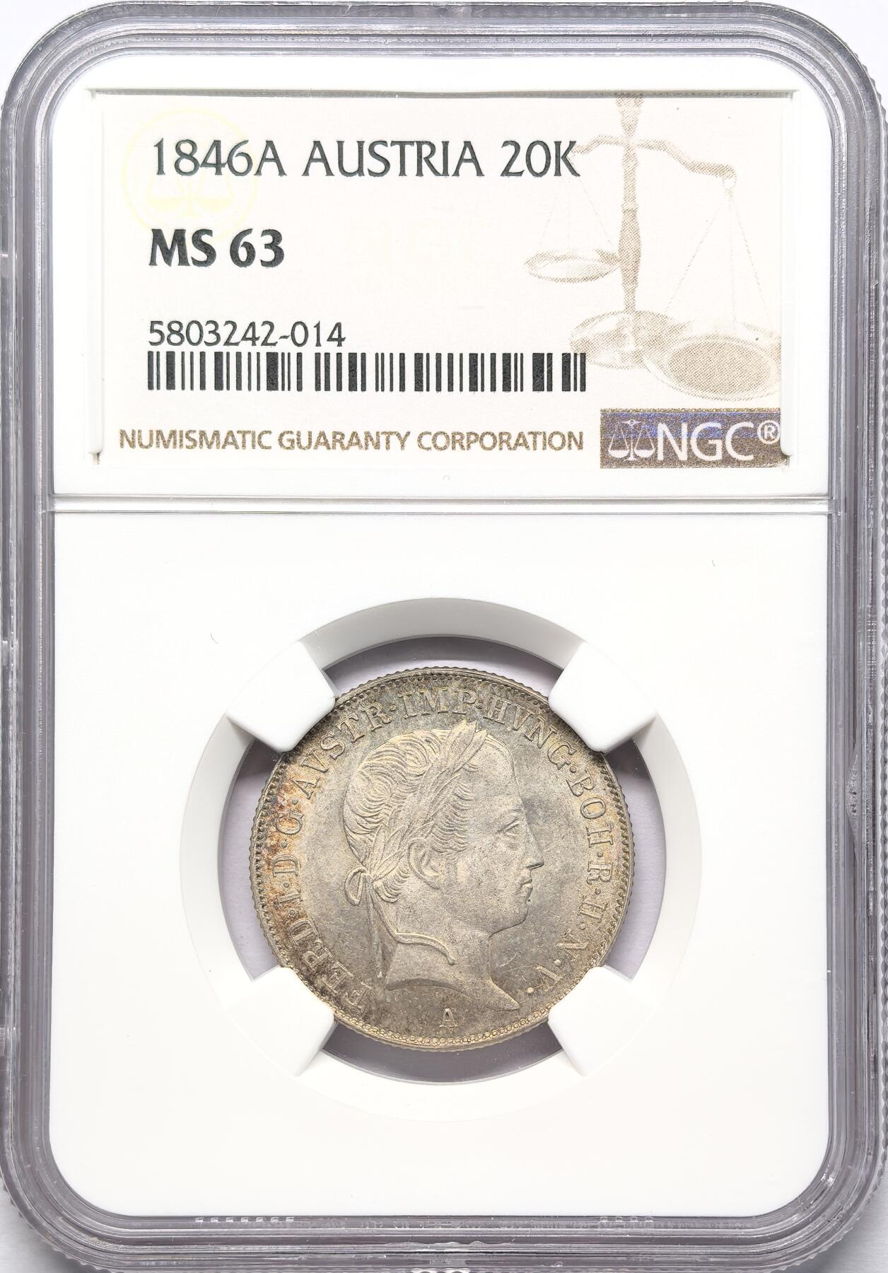 凡希社世界钱币微拍第二百八十六期 1846奥地利斐迪南20K银币NGC-MS63，N亚军分！
