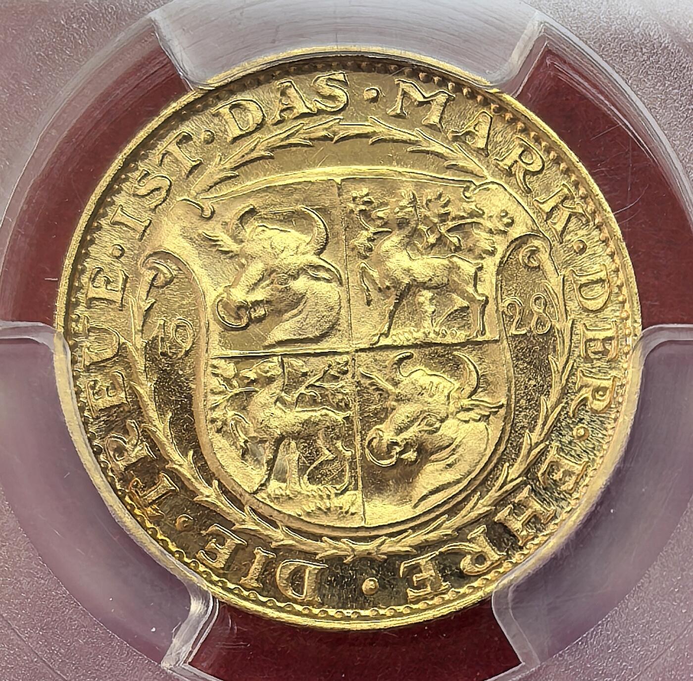 凡希社世界钱币微拍第二百八十六期 1928魏玛德国兴登堡20马克金币PCGS-SP65