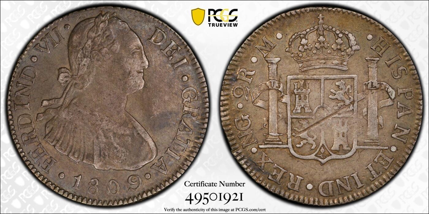博洋堂世界钱币拍卖第096期（全场包邮） PCGS XF45 西属危地马拉1809年NG M卡洛斯四世双柱2R银币，危地马拉的小双柱非常罕见，这枚已经是唯一冠军分