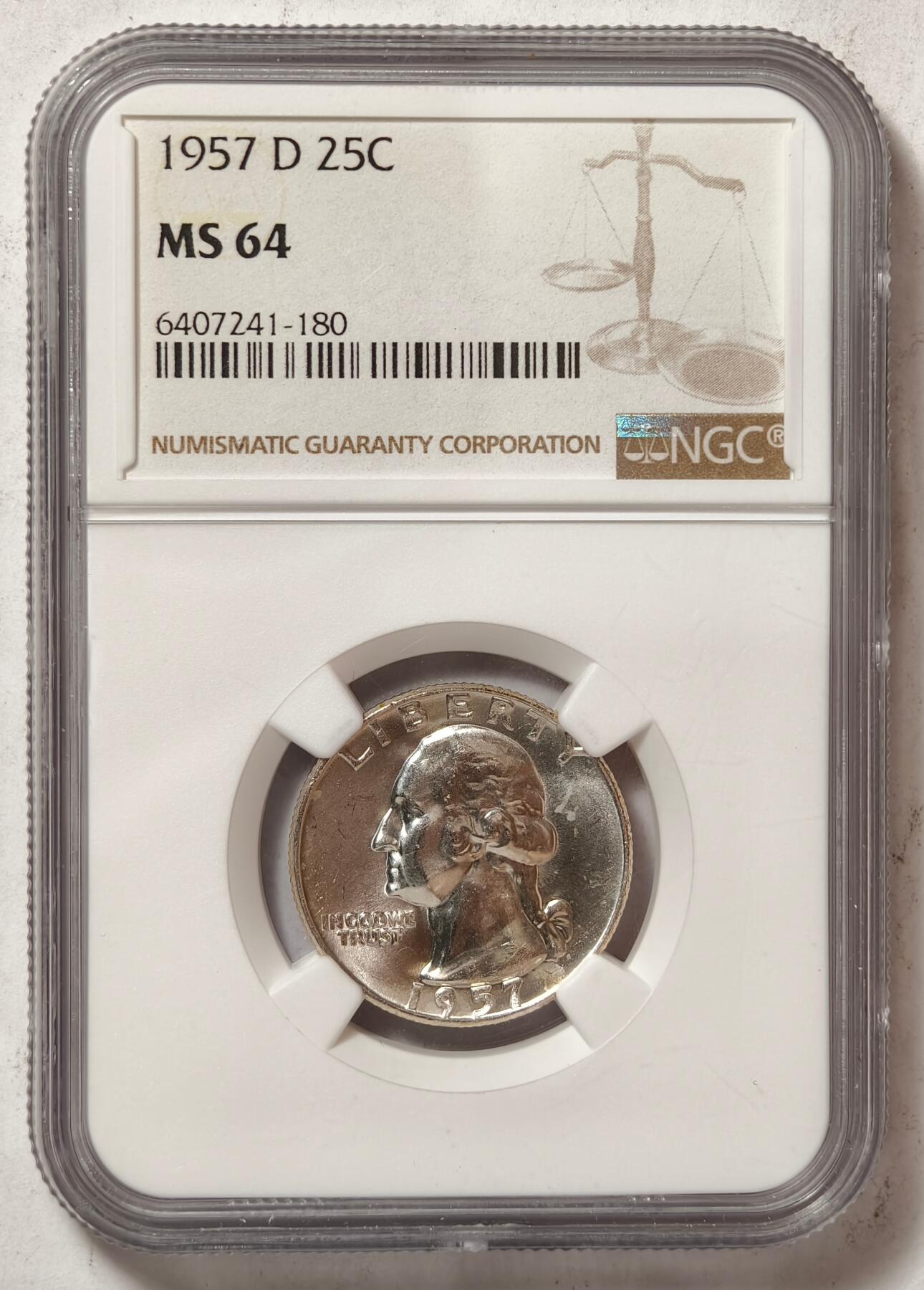 紫瑗钱币——第496期 美国 1957年 D版 华盛顿 25美分 银币 NGC MS64