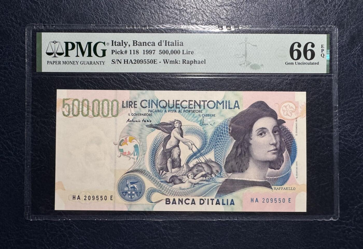 收藏联盟Quantum Auction 第385期拍卖  意大利1997年500000里拉 PMG66 号码无347  拉斐尔名画《雅典学院》