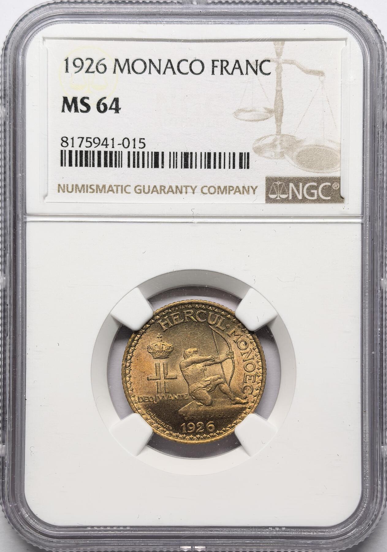 凡希社世界钱币微拍第二百八十六期 1926摩纳哥黄铜射箭1法郎NGC-MS64
