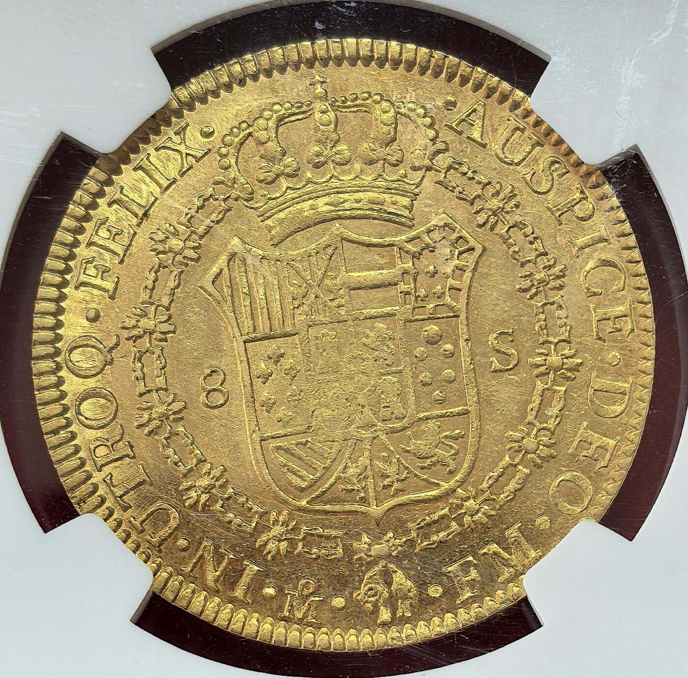 凡希社世界钱币微拍第二百八十六期 荐！1796/5墨西哥卡洛斯四世8E大金NGC-AU58，色泽明亮纯正，金质软而细节保留极好，骑字版更为少见，27.067g，.875金