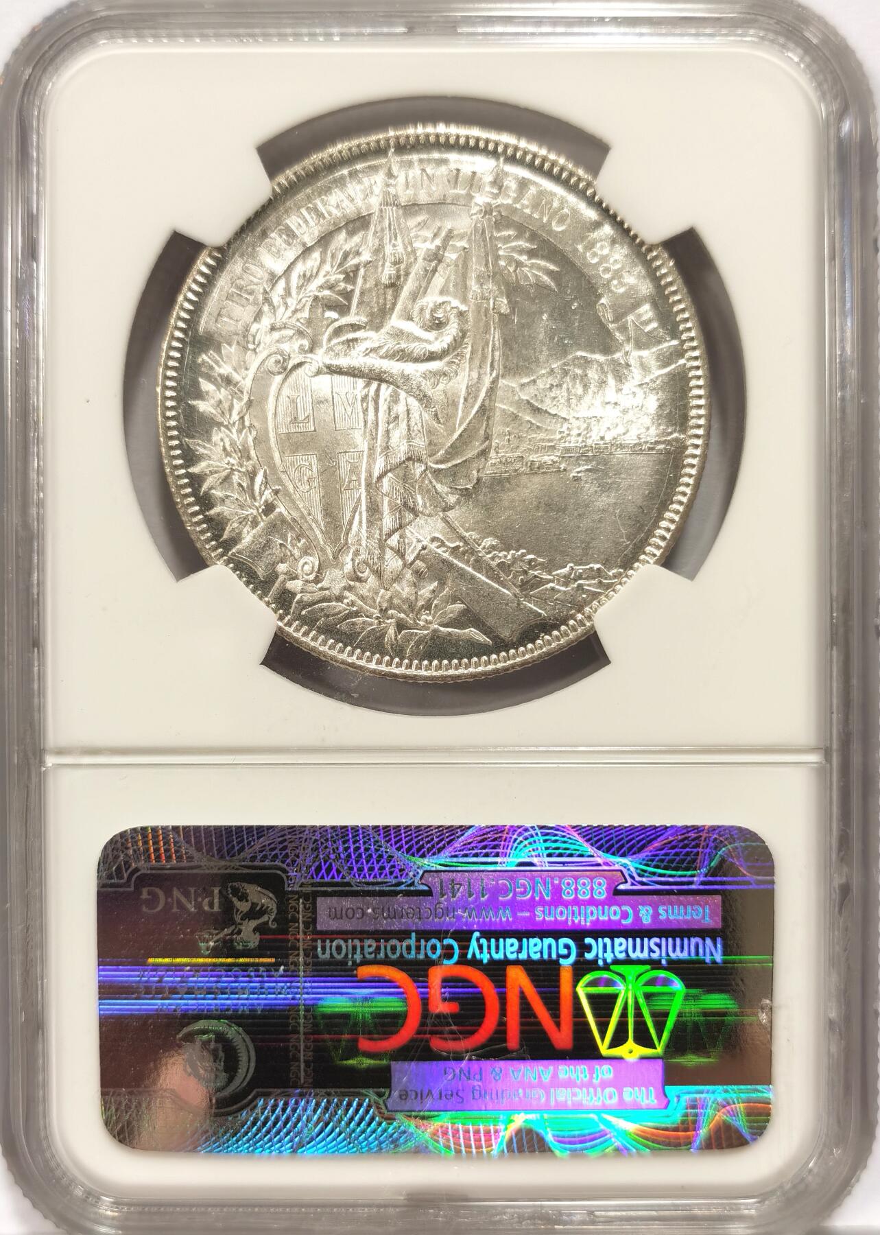 博洋堂世界钱币拍卖第096期（全场包邮） NGC MS63 1883年瑞士卢加诺射击节5法郎银币。极强光度，极强镜面感，老盒严评的一枚，状态比我过手的数枚射击节64分都要强，麦稀奇同分曾有3000元成交