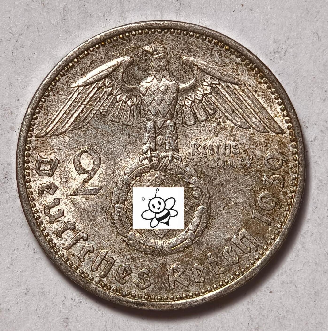 紫瑗钱币——第438期 德国 1939年 A版 兴登堡 字符 2马克 8克 0.625银