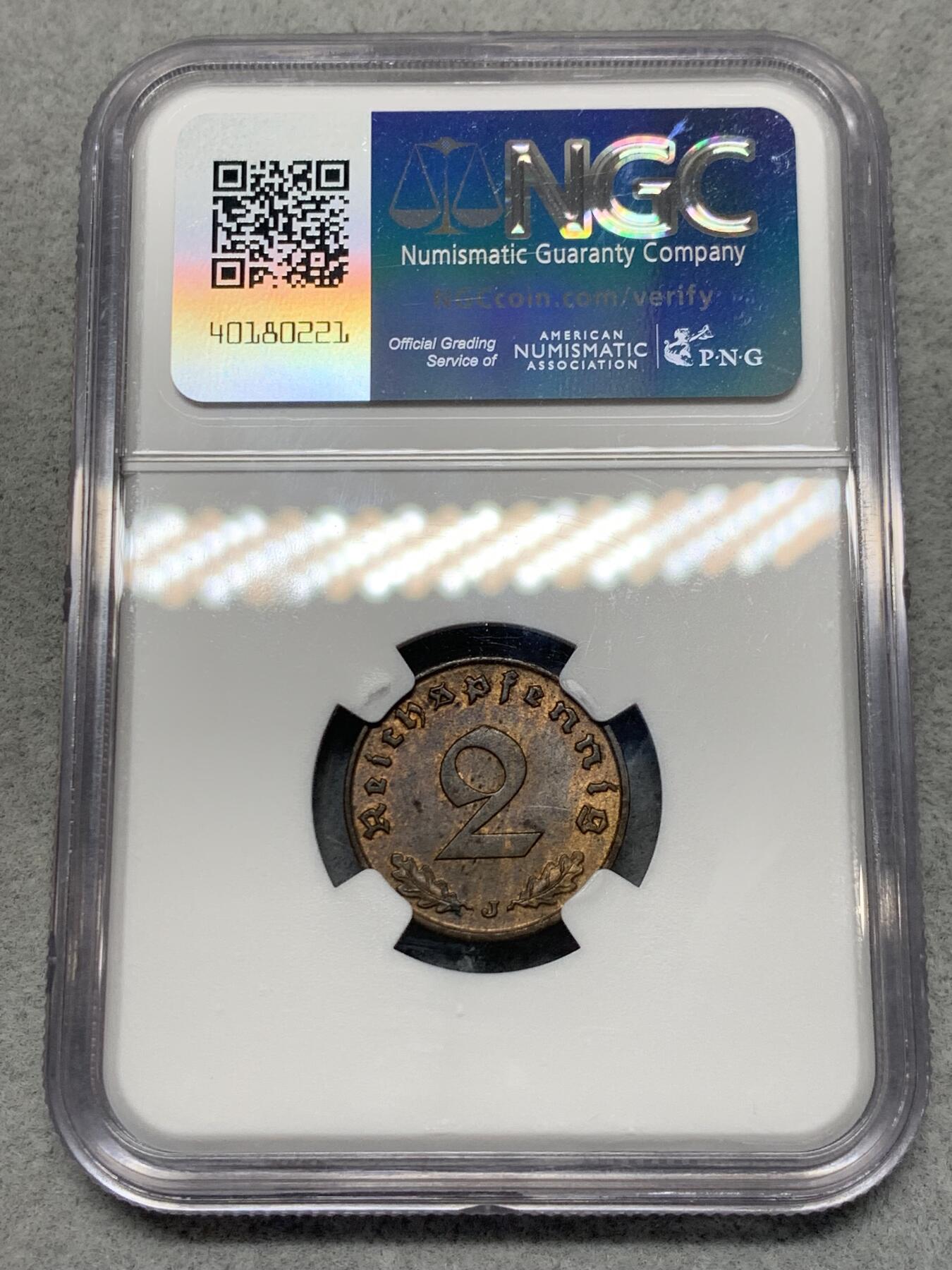 《竞宝斋》第319场 周日，周一，周二  3场连拍 （全场包邮） NGC MS62BN 1939年J版德意志第三帝国2芬尼铜币 少见厂别