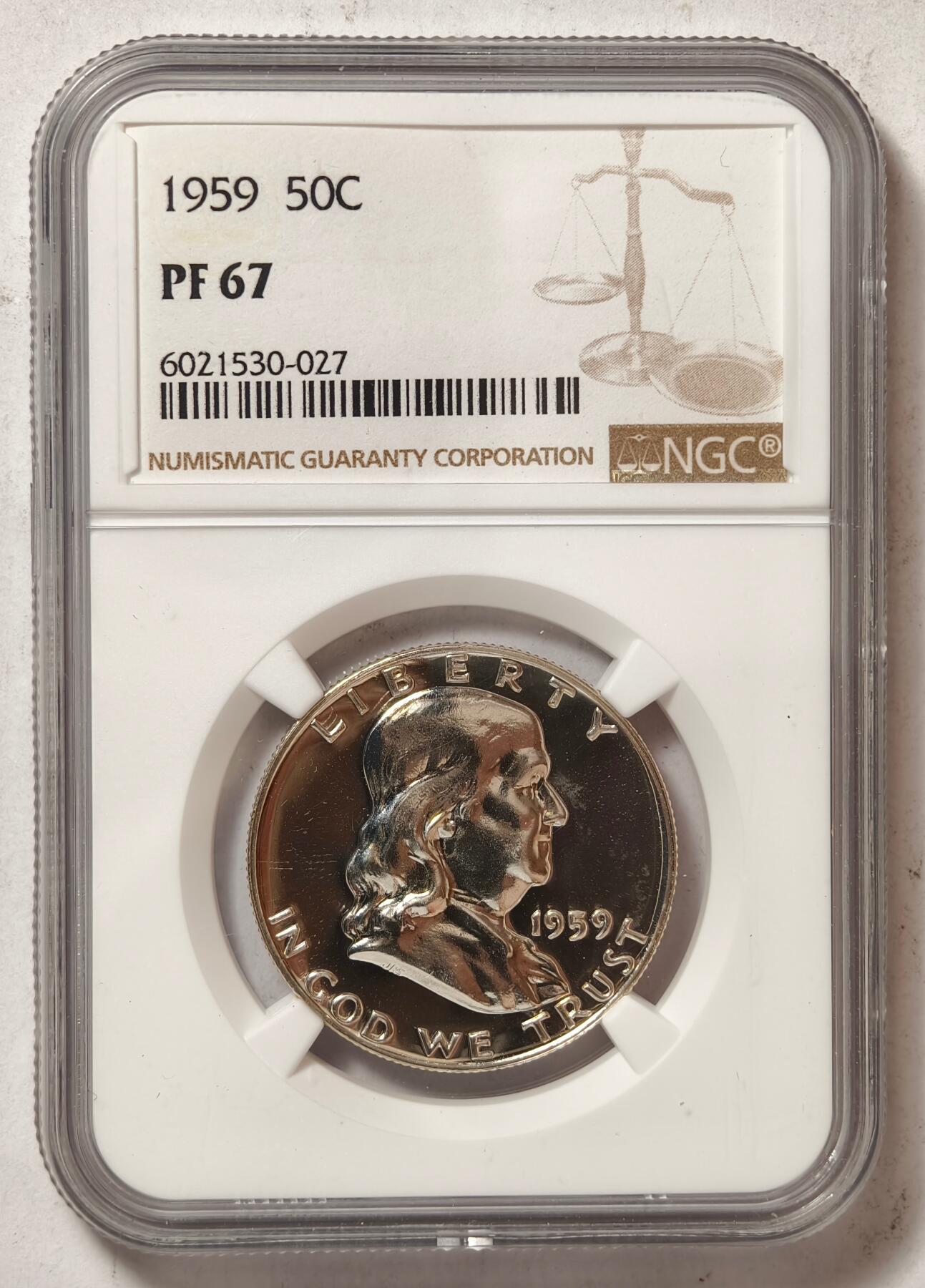 紫瑗钱币——第438期 美国 1959年 富兰克林 50美分 半美元 12.5克 0.9银 NGC PF67