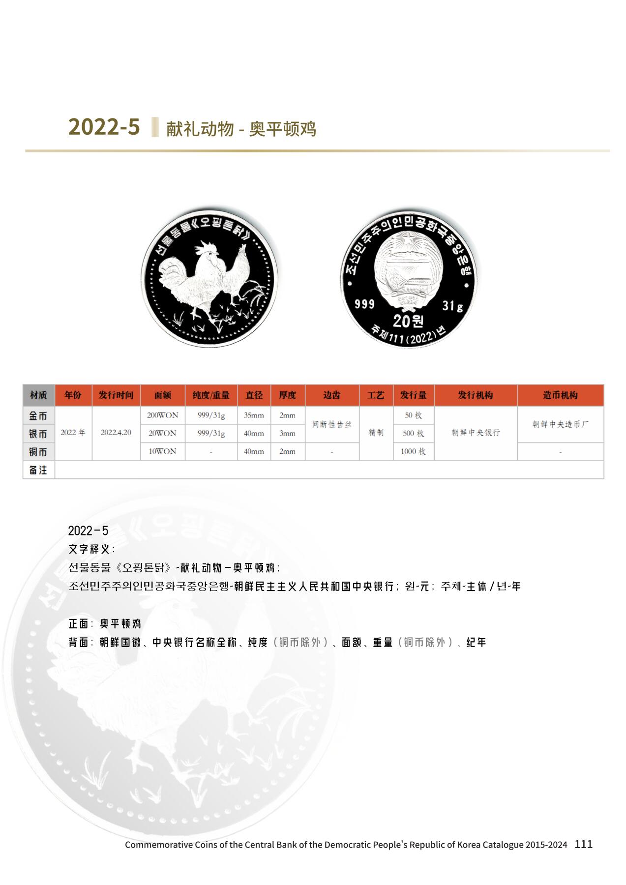 『现货』《朝鲜中央银行 2015～2024年纪念币目录》启炫 编著 朝鲜中央银行&D.W COINS 出品  国际科学技术出版社  全书300页，收录纪念币290余种，高清钱币彩色图片455张，发行公告167份等  当日发货，售完为止