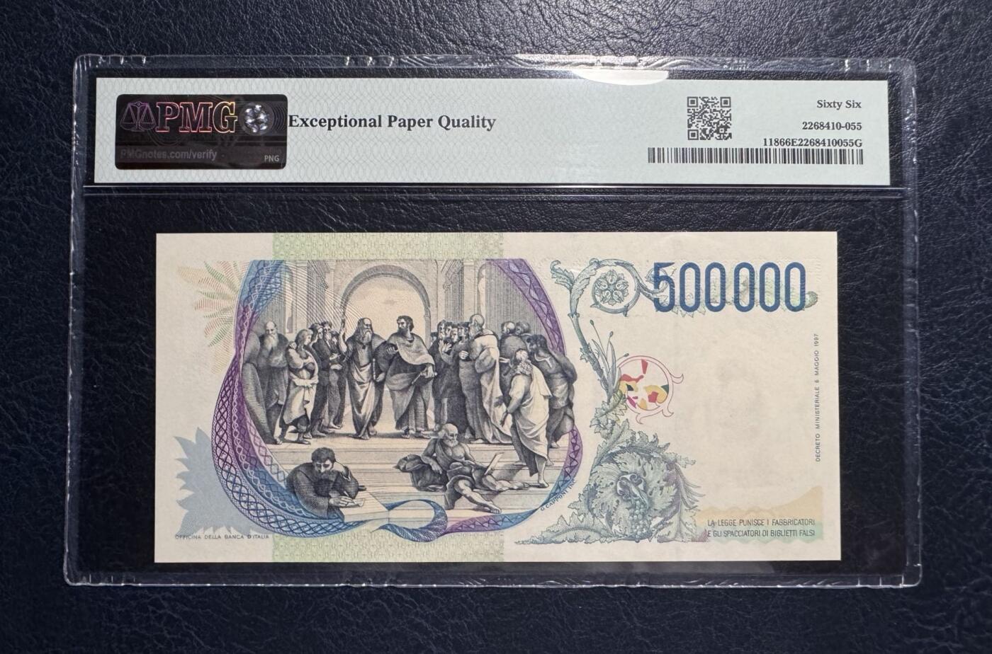 收藏联盟Quantum Auction 第385期拍卖  意大利1997年500000里拉 PMG66 号码无347  拉斐尔名画《雅典学院》