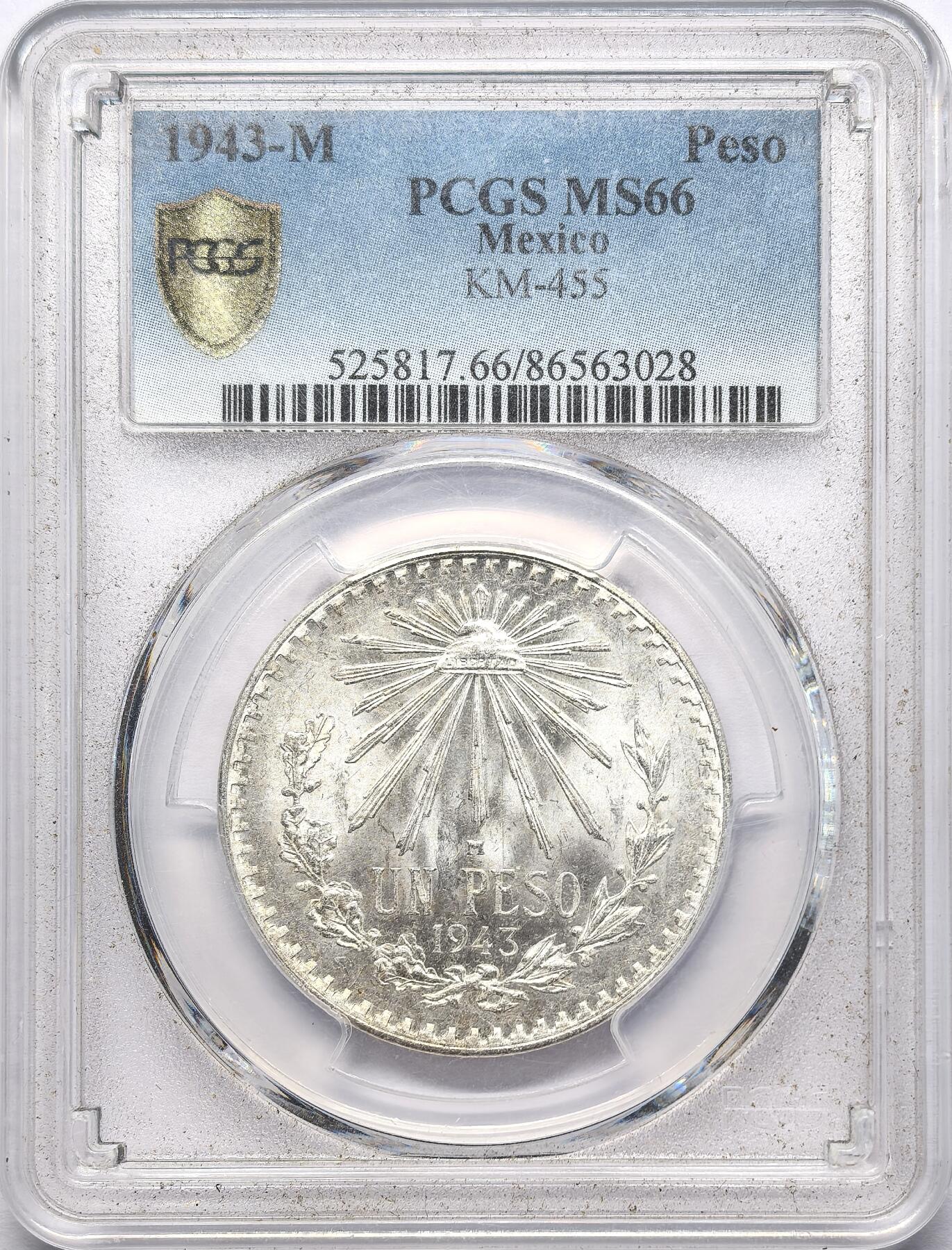 凡希社世界钱币微拍第二百八十六期 1943M墨西哥射线自由帽比索PCGS-MS66