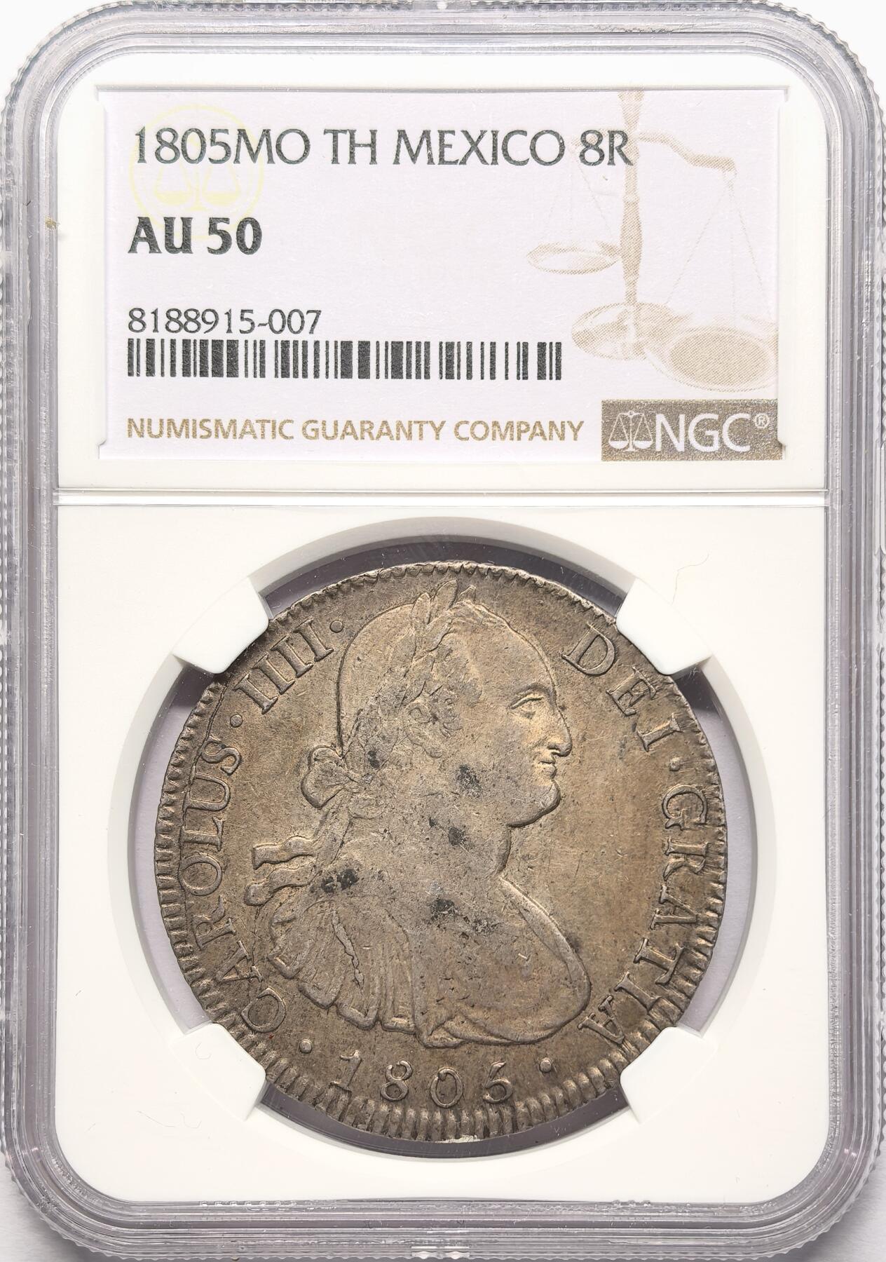 凡希社世界钱币微拍第二百八十六期 1805MO墨西哥卡四双柱NGC-AU50，细节很好的原味品。