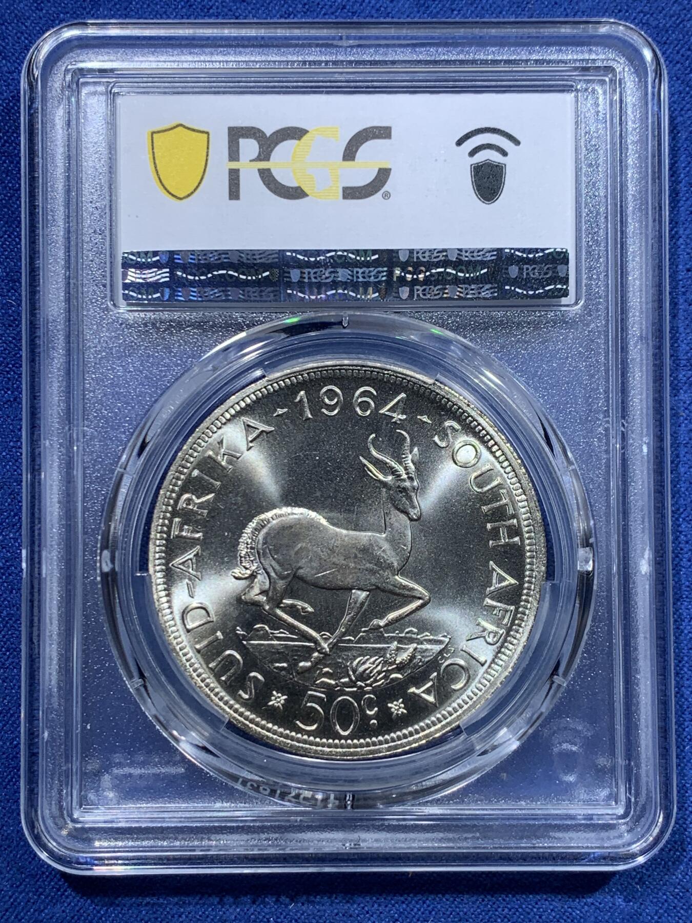 《竞宝斋》第320场 周日，周一，周二  3场连拍 （全场包邮） PCGS MS67 超高分！1964南非50分银币 两面转光 顶级品相 大热品种