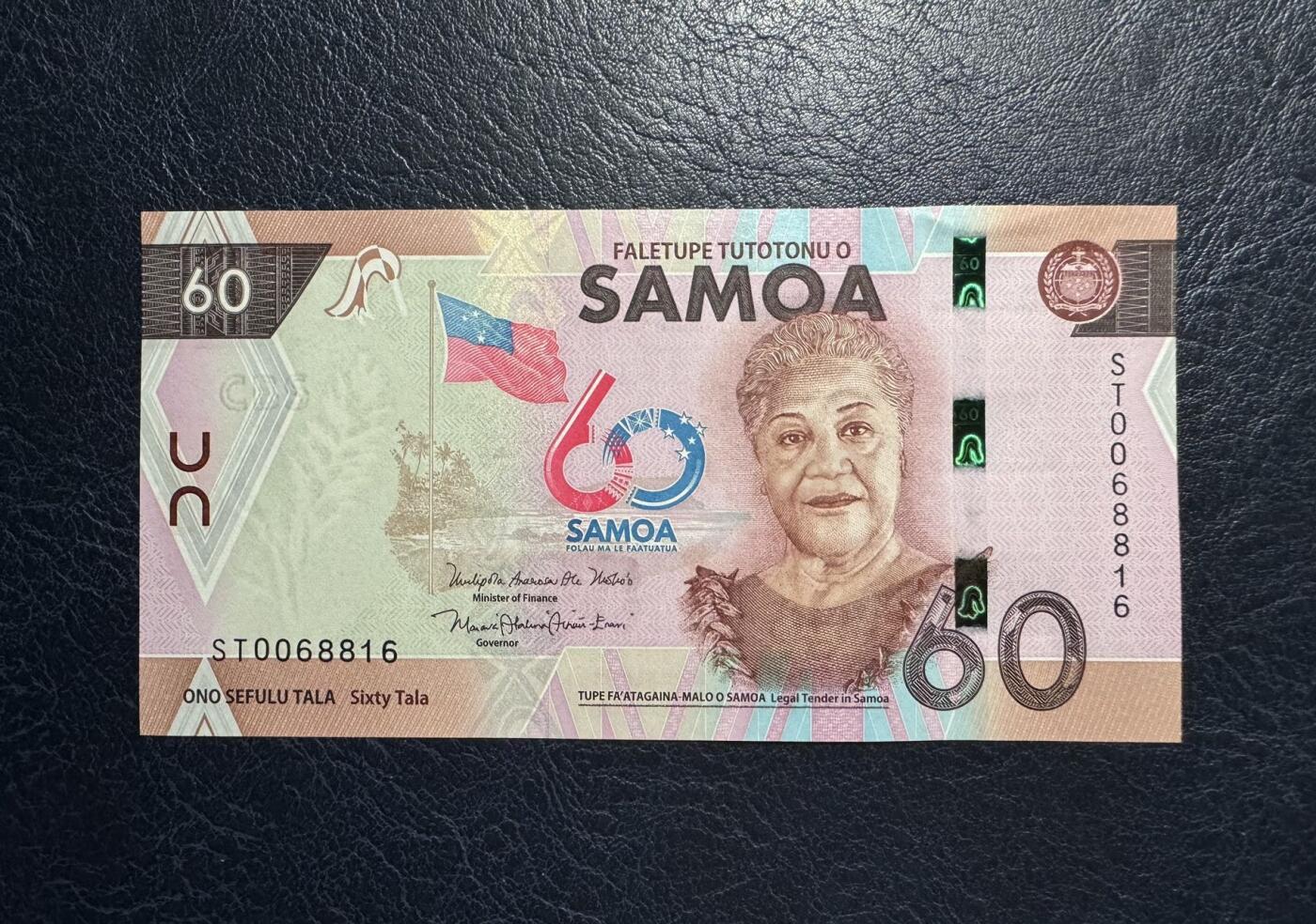 收藏联盟Quantum Auction 第385期拍卖  萨摩亚2023年60塔拉纪念钞 品相全新UNC 倒置号