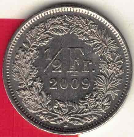 瑞士2009年1/2法郎(50生丁 50分) 欧洲硬币 实物图 UNC-
