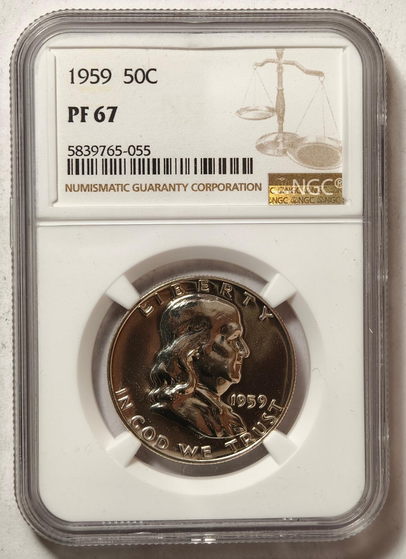 紫瑗钱币——第440期 美国 1959年 富兰克林 50美分 半美元 12.5克 0.9银 NGC PF67