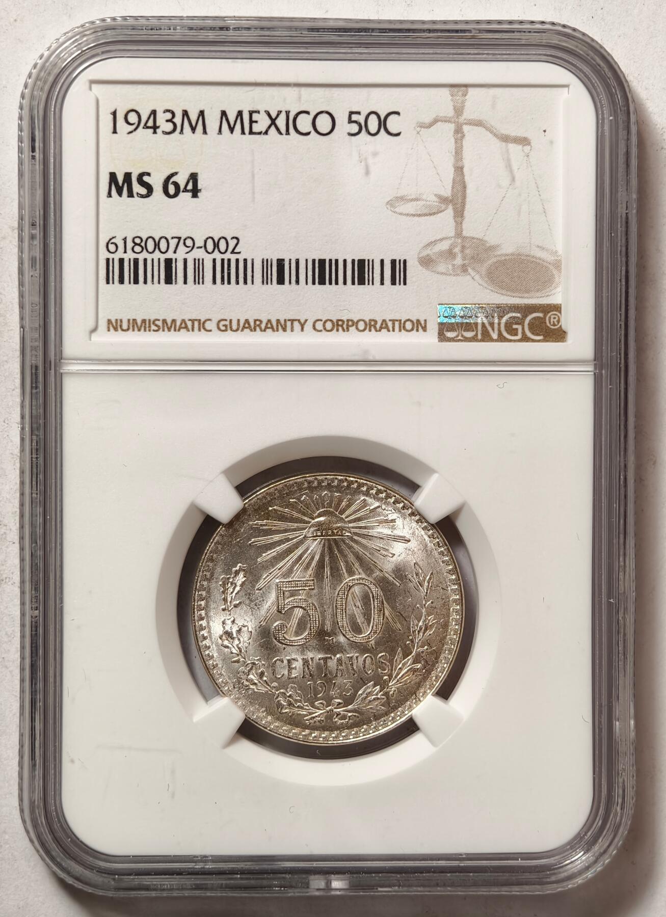 紫瑗钱币——第462期 墨西哥 1943年 M版 鹰洋 50分 银币 NGC MS64